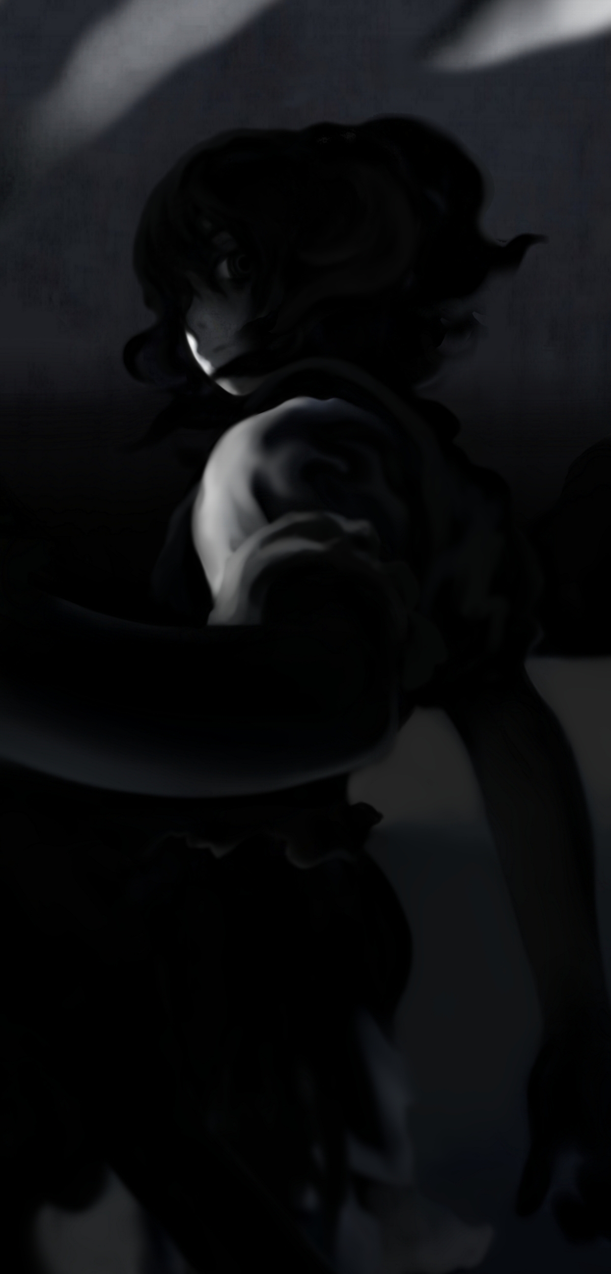 futon (kitsune tsuki), kitsune tsuki, onozuka komachi, touhou, absurdres, highres, 1girl, dark, female focus, greyscale, hair over one eye, monochrome, solo