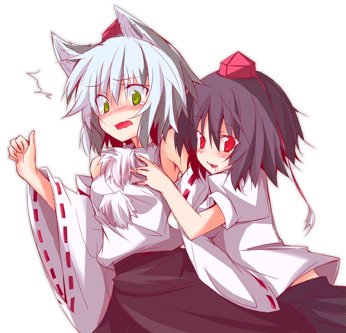 huei nazuki, inubashiri momiji, shameimaru aya, touhou, bad id, bad pixiv id, 2girls, animal ears, bare shoulders, black hair, blush, breasts, detached sleeves, female focus, grabbing another's breast, groping, hat, multiple girls, red eyes, saliva, short hair, tokin hat, wavy mouth, white hair, wide sleeves, wolf ears, yuri