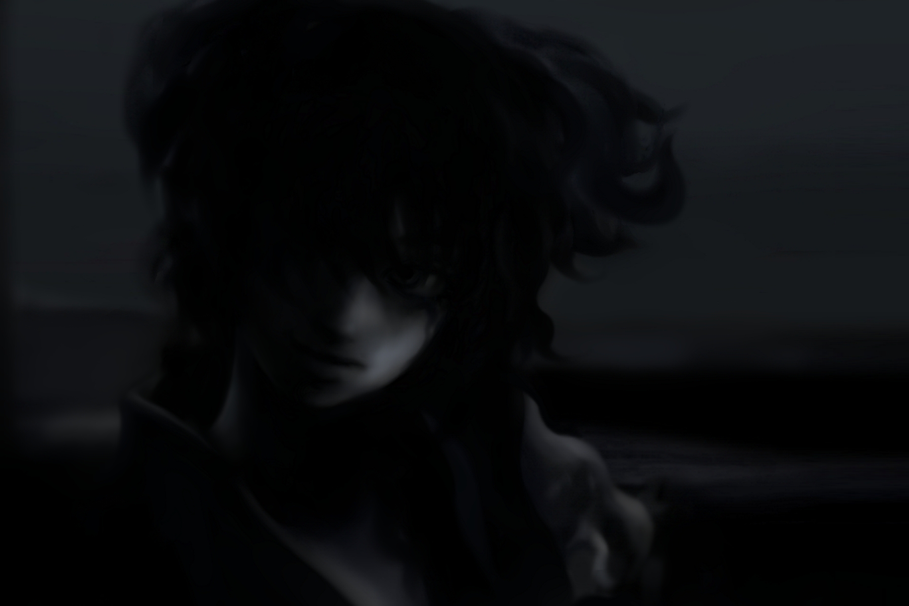 futon (kitsune tsuki), kitsune tsuki, onozuka komachi, touhou, highres, 1girl, dark, female focus, greyscale, monochrome, solo