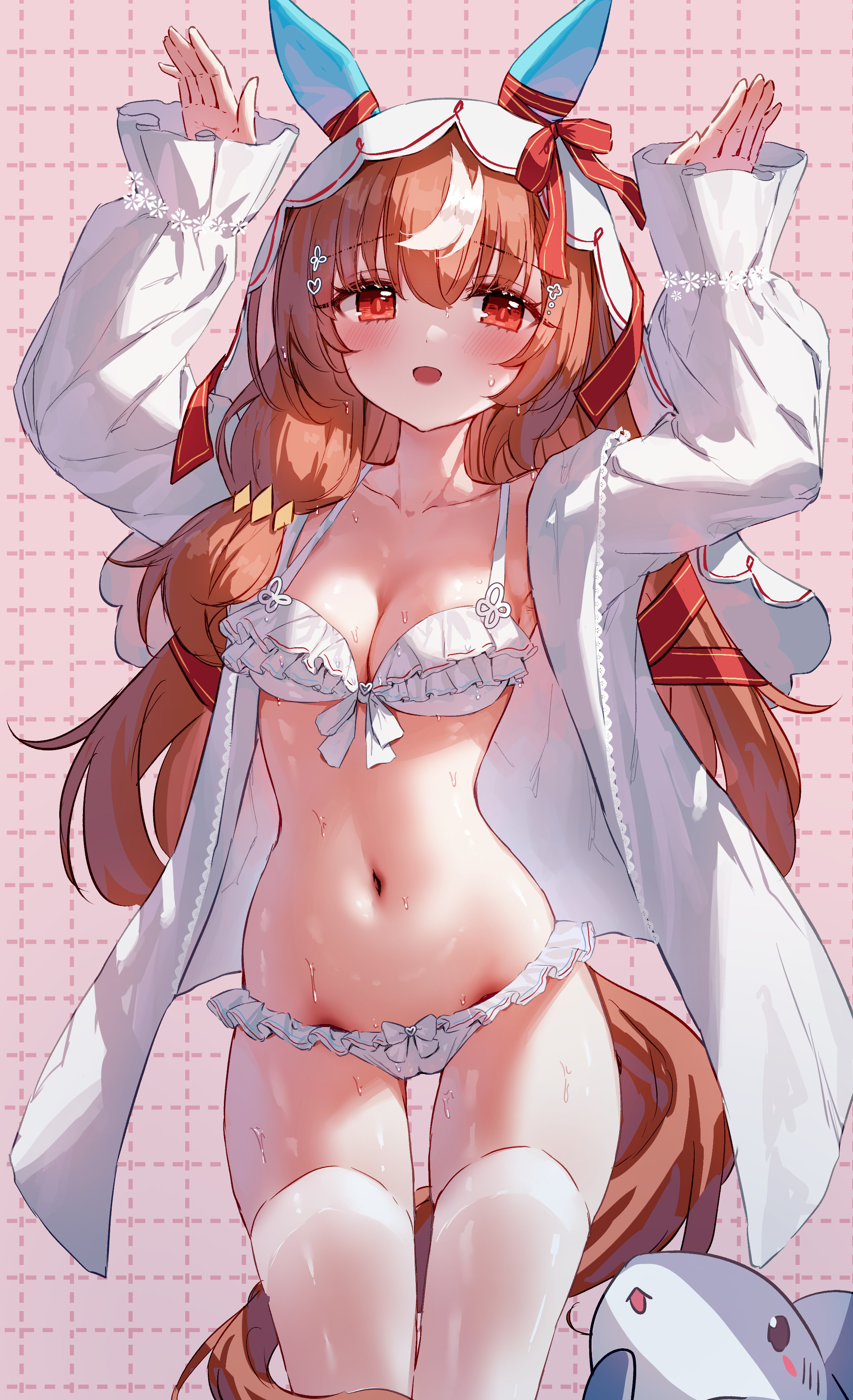 tandohark, still in love (umamusume), umamusume, absurdres, commentary request, highres, 1girl, animal ears, arms up, bra, breasts, brown hair, ear covers, frilled bra, frilled panties, frills, horse ears, horse girl, horse tail, jacket, long hair, looking at viewer, multicolored hair, navel, open clothes, open jacket, panties, rabbit pose, red eyes, smile, solo, streaked hair, sweat, tail, thighhighs, underwear, underwear only, veil, white bra, white jacket, white panties, white streaks, white thighhighs, white veil