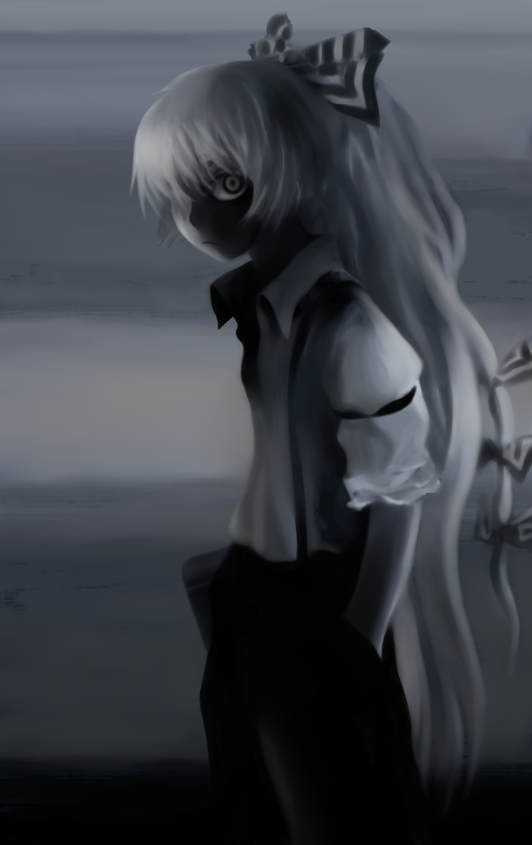 futon (kitsune tsuki), kitsune tsuki, fujiwara no mokou, touhou, absurdres, highres, 1girl, bow, dark, female focus, hair bow, hands in pockets, long hair, solo, suspenders