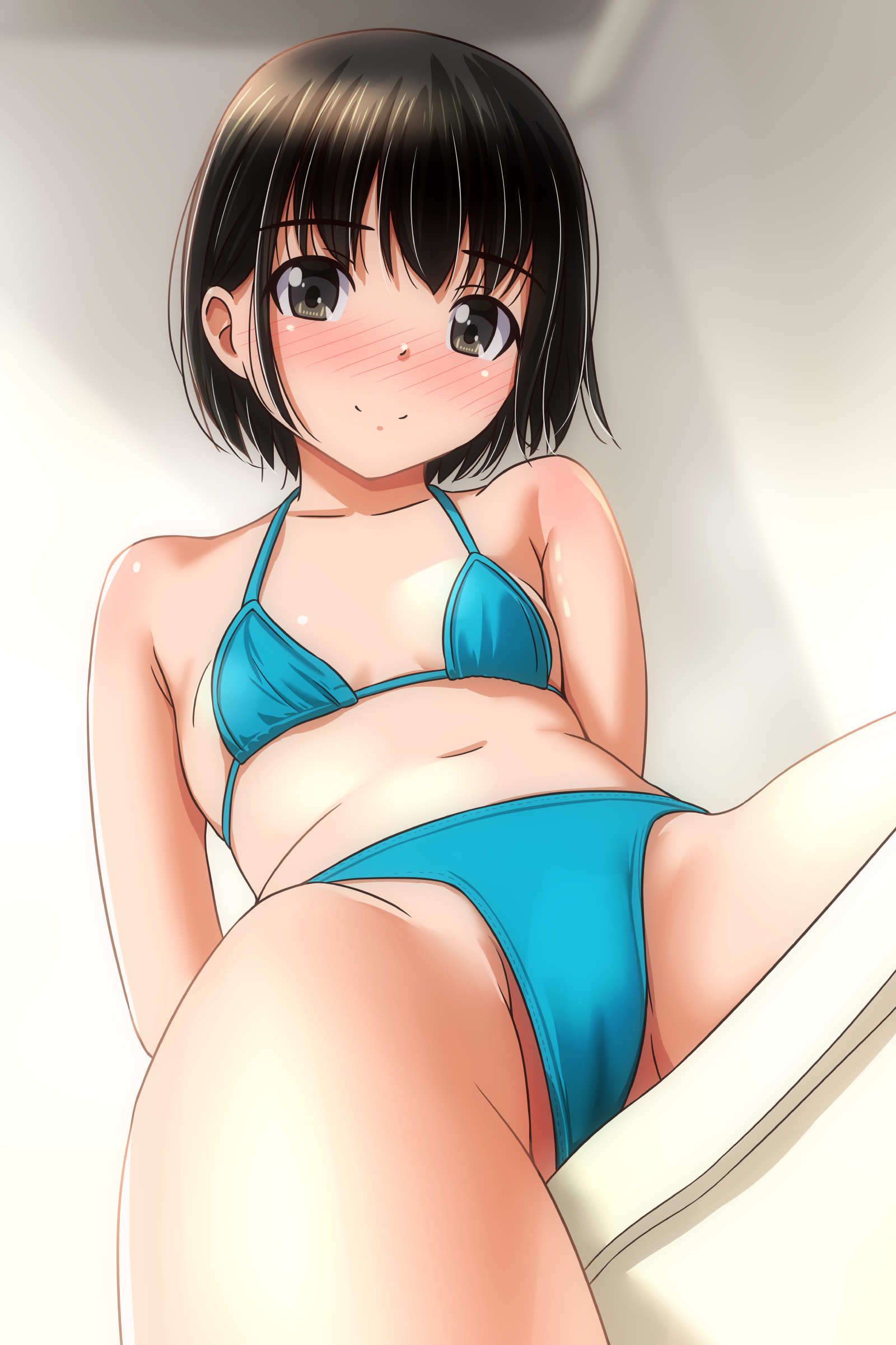 matsunaga kouyou, original, absurdres, commentary request, highres, 1girl, bikini, black hair, blue bikini, blush, breasts, closed mouth, indoors, looking at viewer, short hair, small breasts, smile, solo, swimsuit