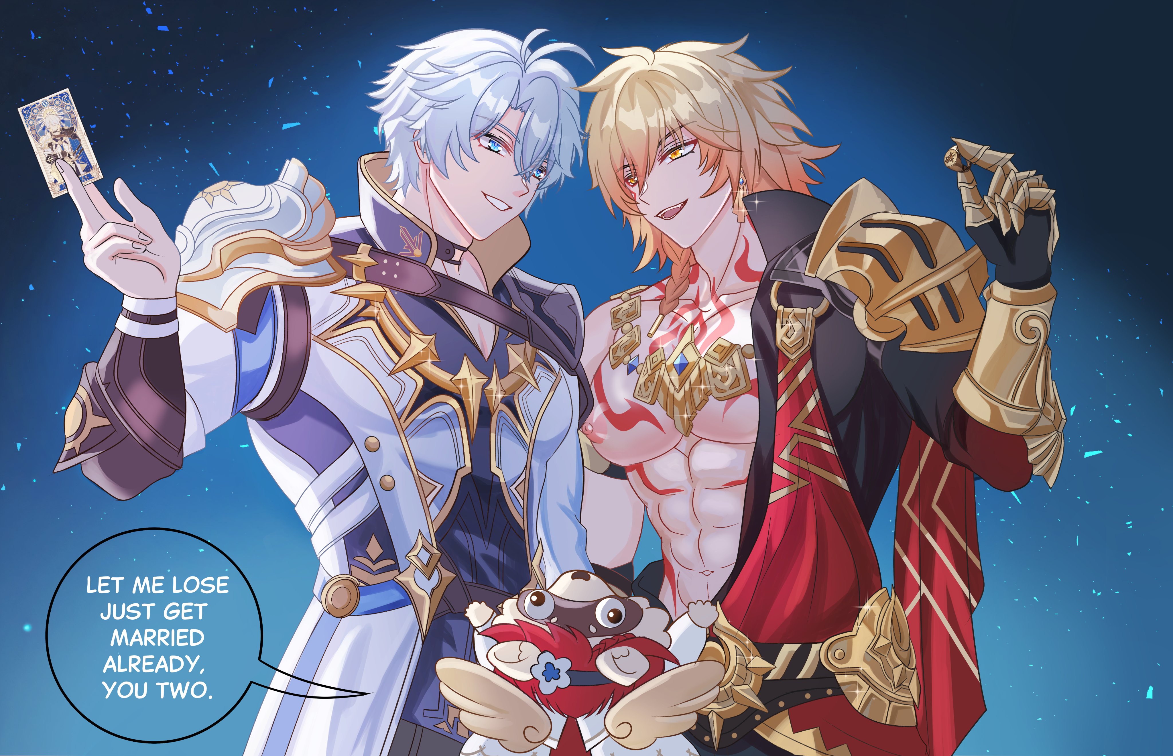 mydei (honkai: star rail), phainon (honkai: star rail), tribbie (honkai: star rail), honkai: star rail, honkai (series), absurdres, commentary, english commentary, highres, 1girl, 2boys, abs, angel wings, antenna hair, arm tattoo, armlet, armor, black choker, black coat, black shirt, blonde hair, blue eyes, braid, cape, chest tattoo, choker, clawed gauntlets, coat, dress, earrings, facial tattoo, gold earrings, gold necklace, gradient hair, jewelry, large pectorals, male focus, medium hair, michowow, multicolored hair, multiple boys, muscular, muscular male, neck tattoo, necklace, nipples, open clothes, open coat, parted bangs, pauldrons, pectorals, red cape, red hair, red tattoo, shirt, short hair, shoulder armor, side braid, side cape, single pauldron, sun symbol, sun tattoo, tan, tattoo, white coat, white dress, white hair, wings, yaoi, yellow eyes