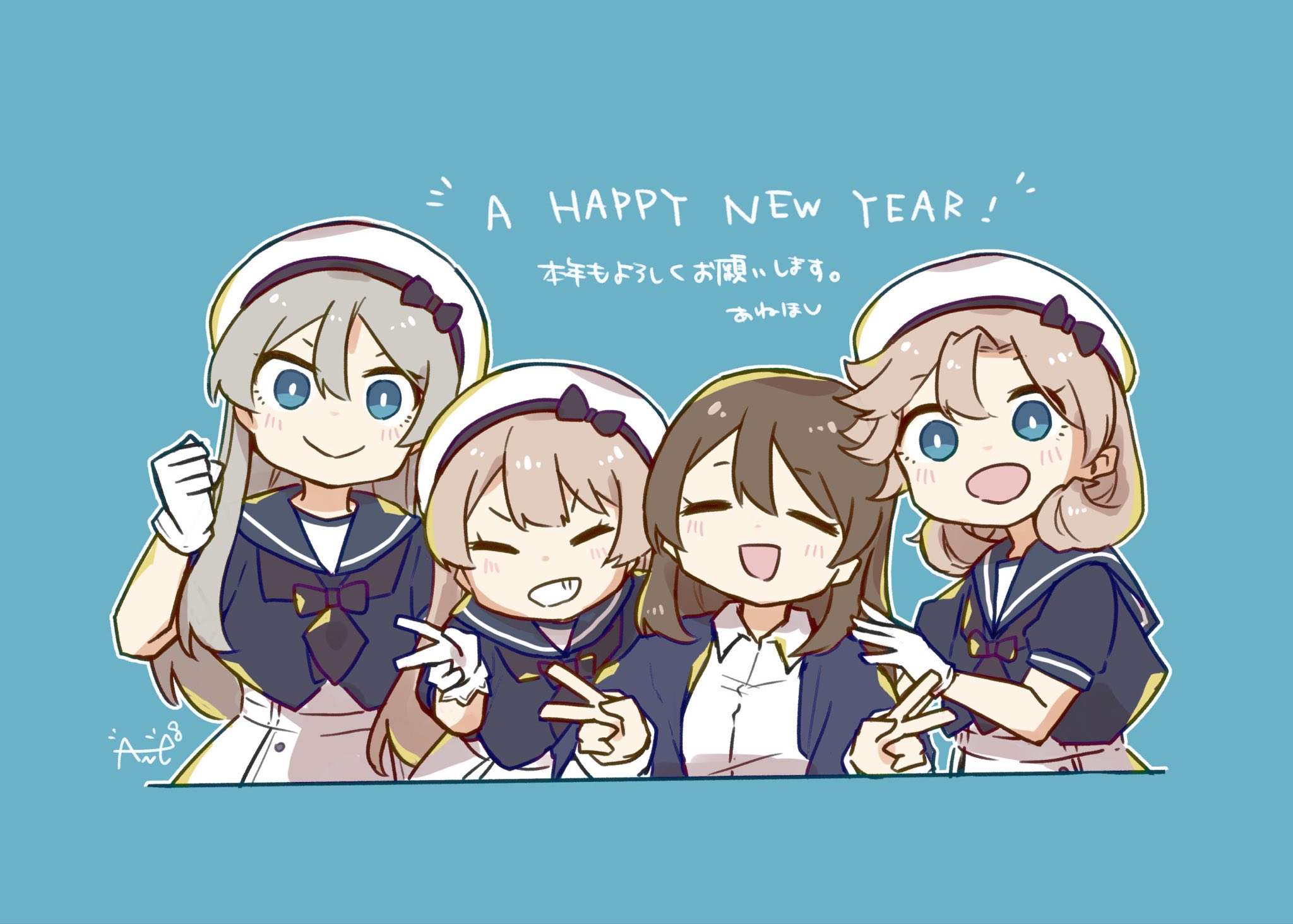 ane hoshimaru, female admiral (kancolle), janus (kancolle), javelin (kancolle), jervis (kancolle), kantai collection, commentary request, highres, translation request, 3girls, black neckerchief, blue background, blue eyes, blue sailor collar, clenched hand, cropped torso, dress, gloves, grey hair, grin, hair between eyes, happy new year, hat, multiple girls, neckerchief, new year, sailor collar, sailor dress, sailor hat, short sleeves, smile, upper body, v, white dress, white gloves, white hat