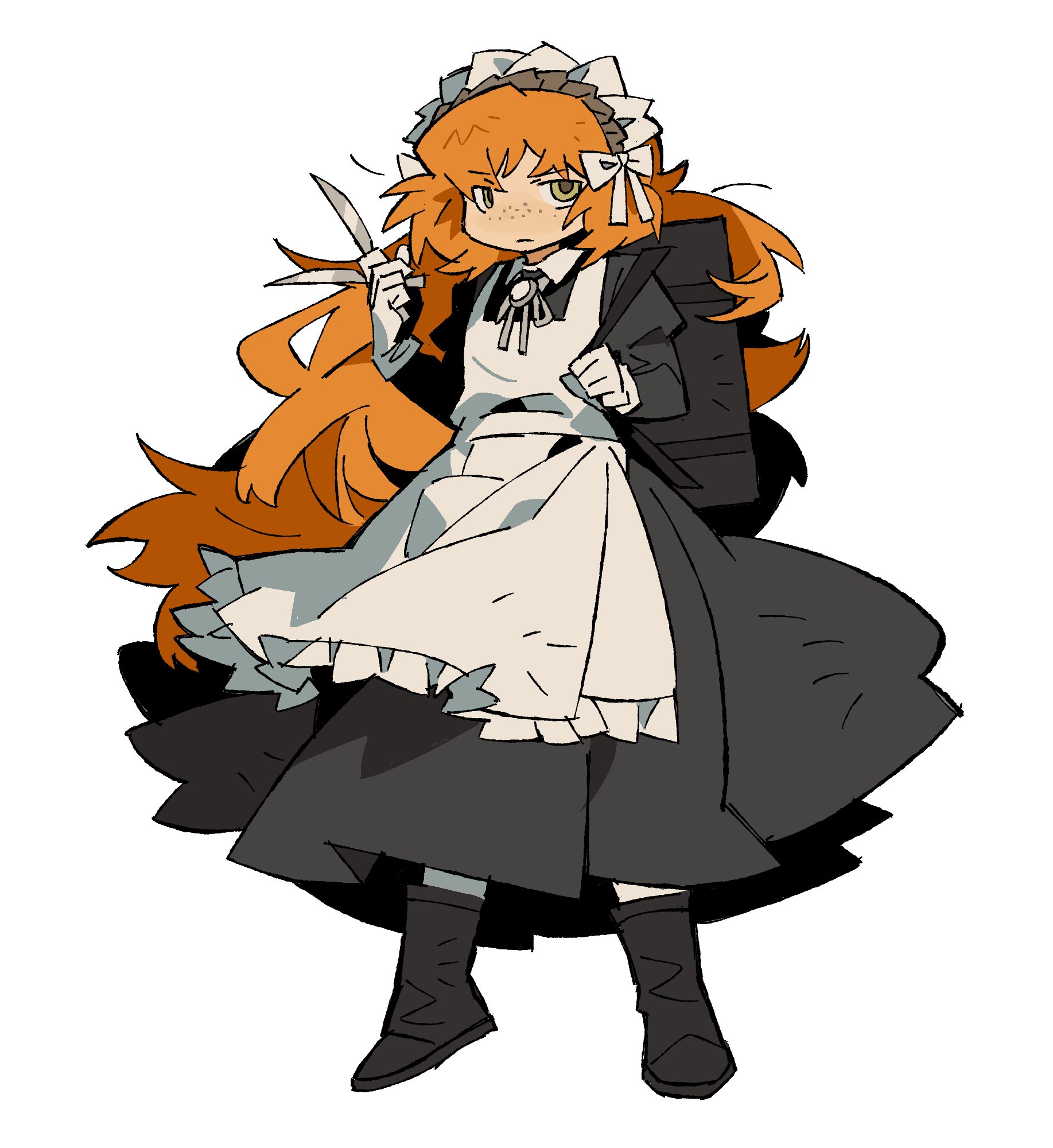 kgdjeisk, ishmael (project moon), limbus company, project moon, highres, 1girl, apron, black boots, black dress, boots, bow, dress, frilled apron, frills, gloves, green eyes, hair bow, holding, holding knife, juliet sleeves, knife, long hair, long sleeves, orange hair, puffy sleeves, sidelocks, solo, very long hair, white apron, white bow, white gloves, wuthering heights (identity) (project moon)