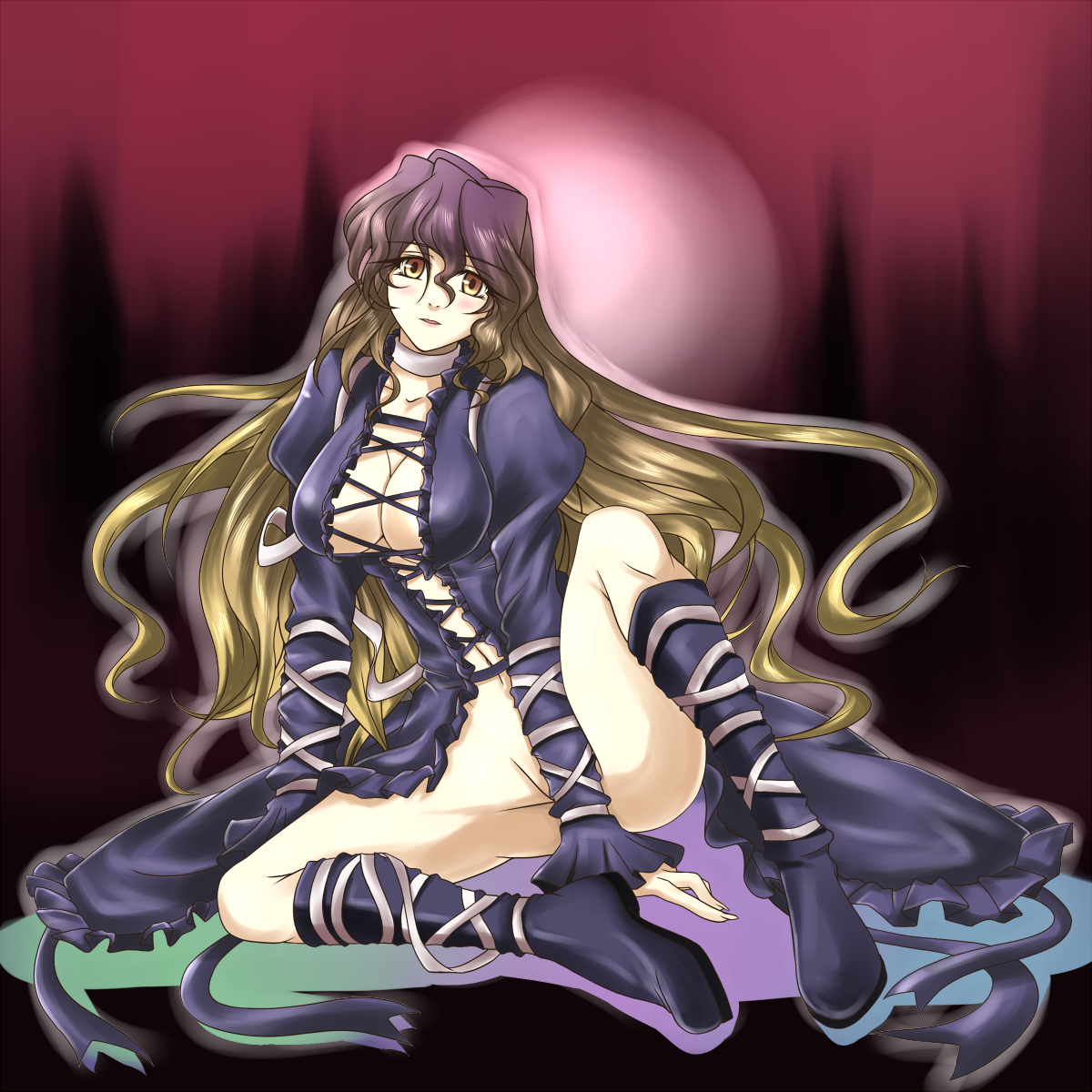 ootsuki wataru, reon (pixiv), reon (saikyou), hijiri byakuren, touhou, colorized, highres, 1girl, breasts, cleavage, dress, female focus, gradient hair, long hair, multicolored hair, no bra, no panties, open clothes, open dress, solo, yellow eyes