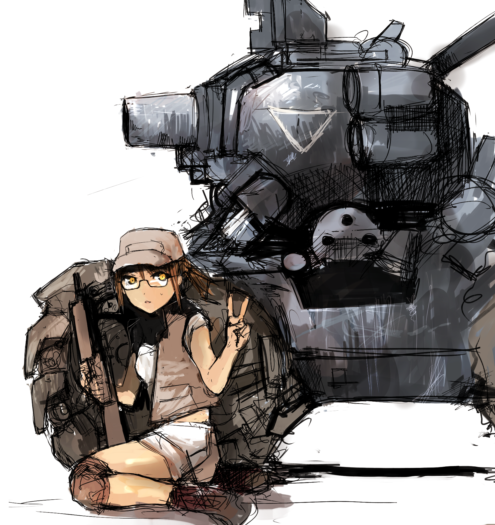 un-known (ninesix), fio germi, metal slug, vehicle, bad id, bad pixiv id, highres, 1girl, baseball cap, brown hair, female focus, glasses, gun, hat, military, military vehicle, motor vehicle, rifle, short shorts, shorts, solo, sv001 (metal slug), sv001 (metalslug), tank, v, weapon, yellow eyes