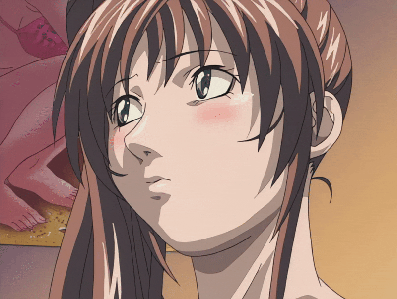 imari kurumi, bible black, bible black night of the walpulgiss, animated, animated gif, tagme, 00s, 1girl, 2003, bedroom, blush, brown hair, embarrassed, hair ornament, ponytail, poster (medium), shy, side ponytail, smile, solo