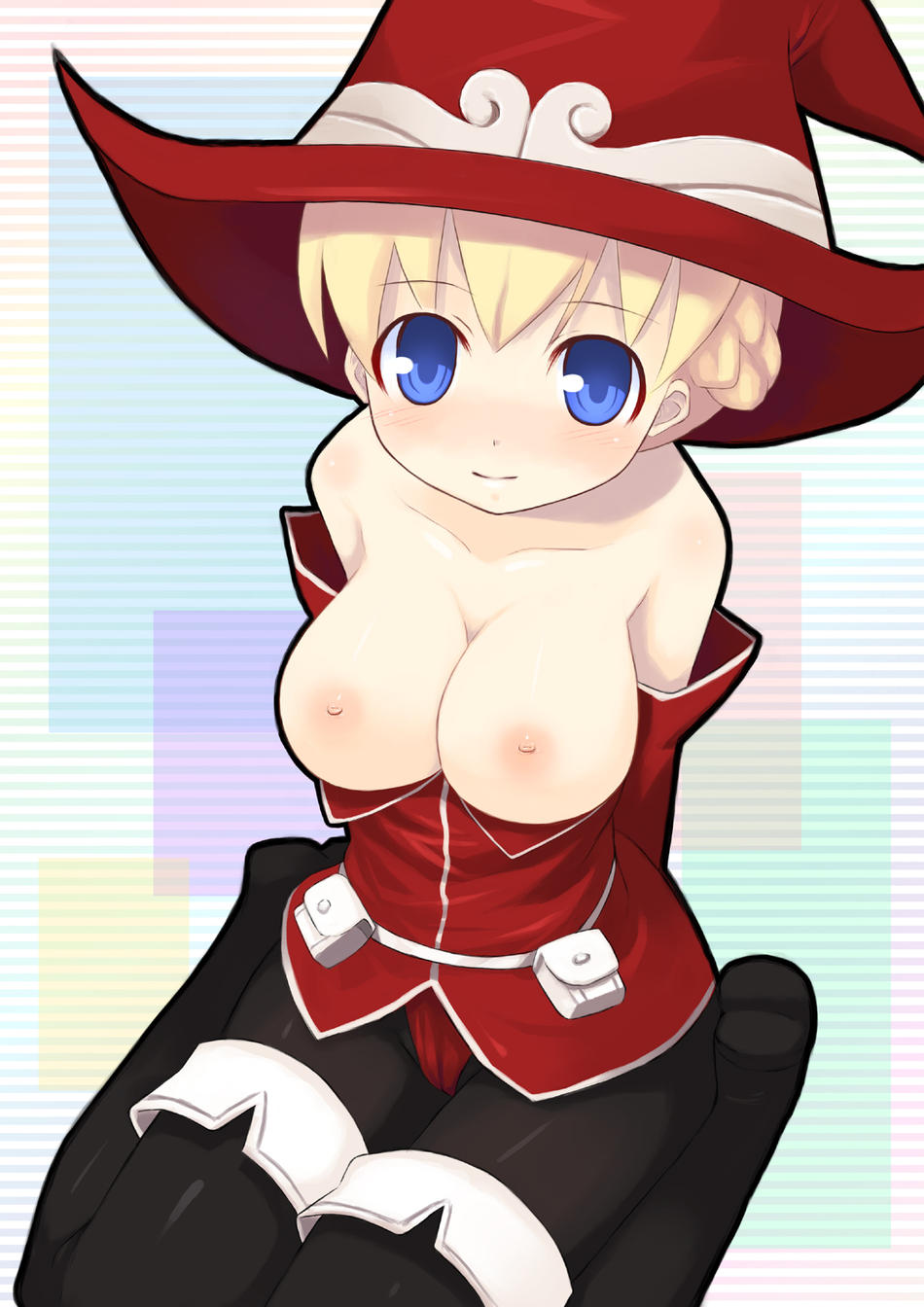kagura mizuki, character request, highres, source request, blonde hair, blue eyes, blush, breasts, cameltoe, hat, large breasts, sitting, smile, witch hat