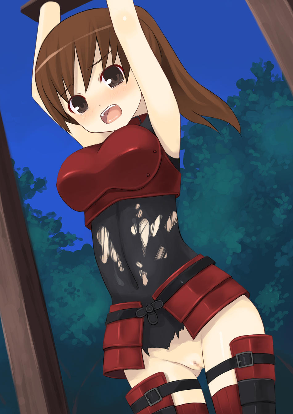 kagura mizuki, character request, highres, source request, armor, bdsm, blush, bondage, bound, brown eyes, brown hair, censored, no panties, pussy, stocks, tears