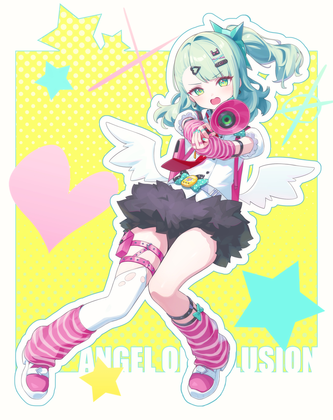 deadnooodles, chinatsu remiel, zenless zone zero, commentary, highres, symbol-only commentary, 1girl, backpack, bag, black skirt, blue nails, full body, green eyes, green hair, hair ornament, hairclip, heart, heart hair ornament, holding, knees together feet apart, looking at viewer, loose socks, low wings, nail polish, open mouth, outline, pink nails, pink shoes, ponytail, randoseru, shirt, shoes, single thighhigh, skirt, socks, solo, star (symbol), striped clothes, striped socks, sunna (zenless zone zero), thighhighs, torn clothes, torn thighhighs, white outline, white shirt, white thighhighs, white wings, wings