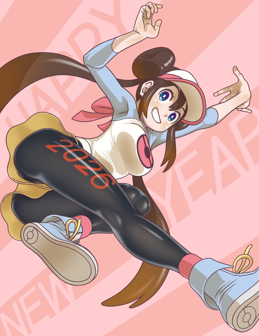 tsuichi, rosa (pokemon), nintendo, pokemon, pokemon bw2, commentary request, highres, 1girl, 2026, black pantyhose, blue eyes, blush, breasts, brown hair, donut hair bun, double bun, grin, hair bun, hat, large breasts, long hair, looking at viewer, open mouth, pantyhose, pantyhose under shorts, poke ball print, raglan sleeves, shirt, shoes, shorts, smile, solo, teeth, twintails, visor cap, yellow shorts