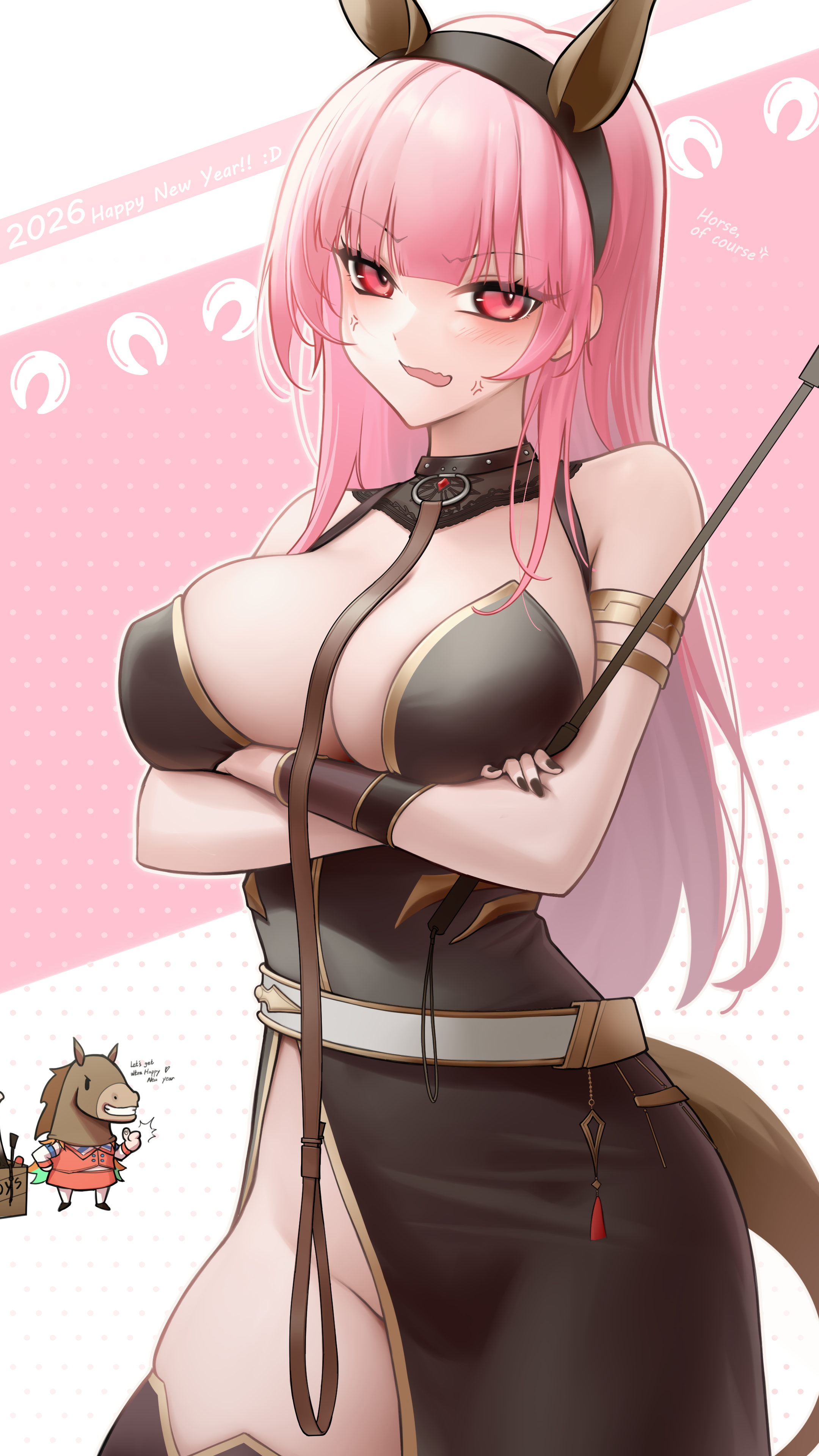 somebody (leiking00), mori calliope, mori calliope (1st costume), takanashi kiara, takanashi kiara (1st costume), hololive, hololive english, gold armlet, absurdres, commentary, english commentary, highres, 2026, 2girls, anger vein, animal ear hairband, animal ears, armlet, arms under breasts, belt, black dress, black nails, breasts, chinese zodiac, cowboy shot, dress, fake animal ears, hairband, happy new year, horse ears, horse mask, horse tail, jewelry, large breasts, leash, long hair, mask, multiple girls, new year, pink eyes, pink hair, riding crop, side slit, solo focus, tail, thighhighs, thumbs up, v-shaped eyebrows, very long hair, virtual youtuber, wavy mouth, year of the horse