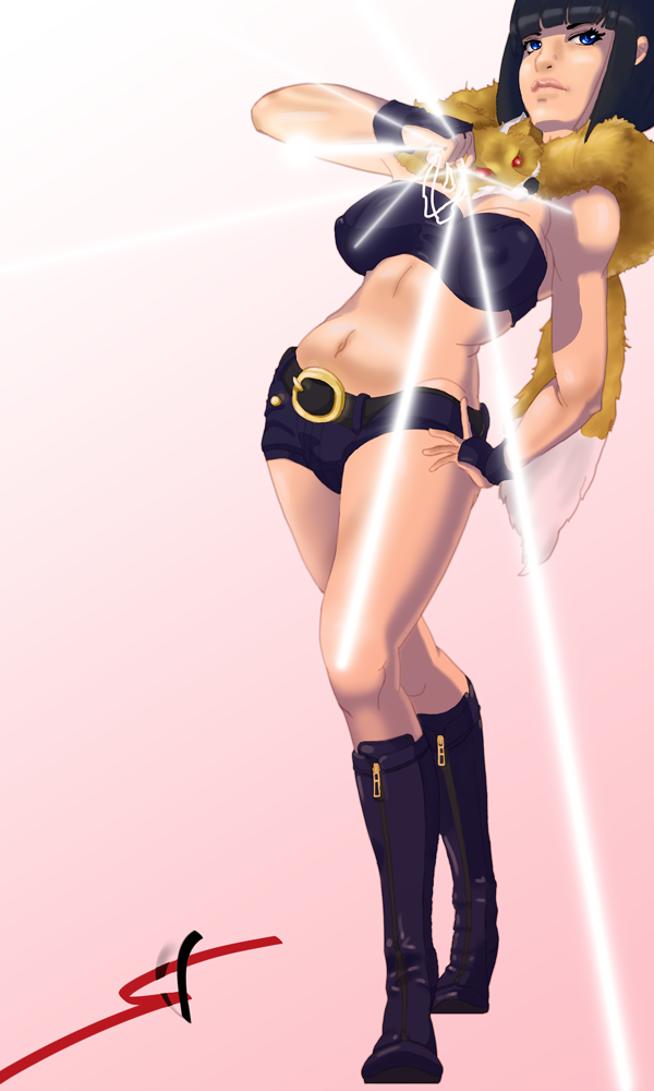 botan (kof), snk, the king of fighters, 1girl, black hair, boots, scarf, shorts, strings