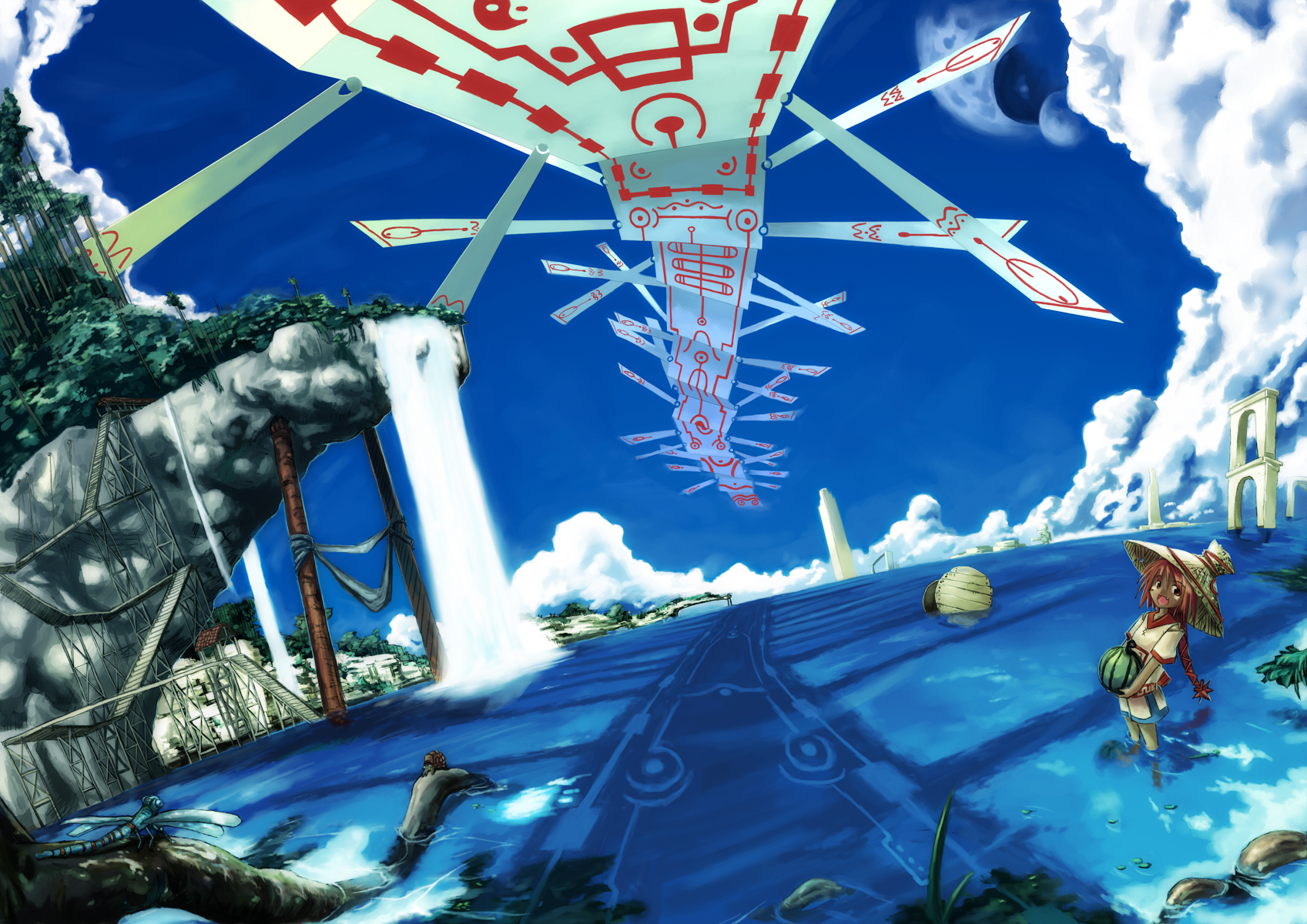 tottori, highres, bug, building, cloud, dark-skinned female, dark skin, day, garden, hat, ladder, landscape, ocean, red hair, reflection, ruins, scenery, sky, snail, stairs, tree, water, waterfall