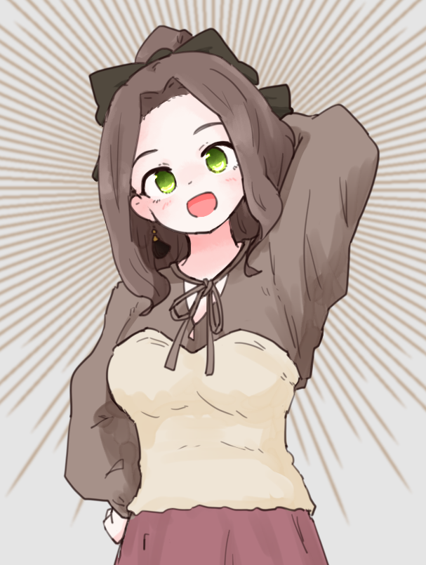 olto rondo, original, 1girl, :d, arm behind head, black bow, bow, breasts, brown background, brown hair, brown ribbon, brown shirt, cowboy shot, earrings, forehead, green eyes, hair bow, jewelry, long hair, long sleeves, looking at viewer, medium breasts, mitsuha-chan (olto rondo), open mouth, red skirt, ribbon, shirt, skirt, smile, solo, tareme, two-tone shirt
