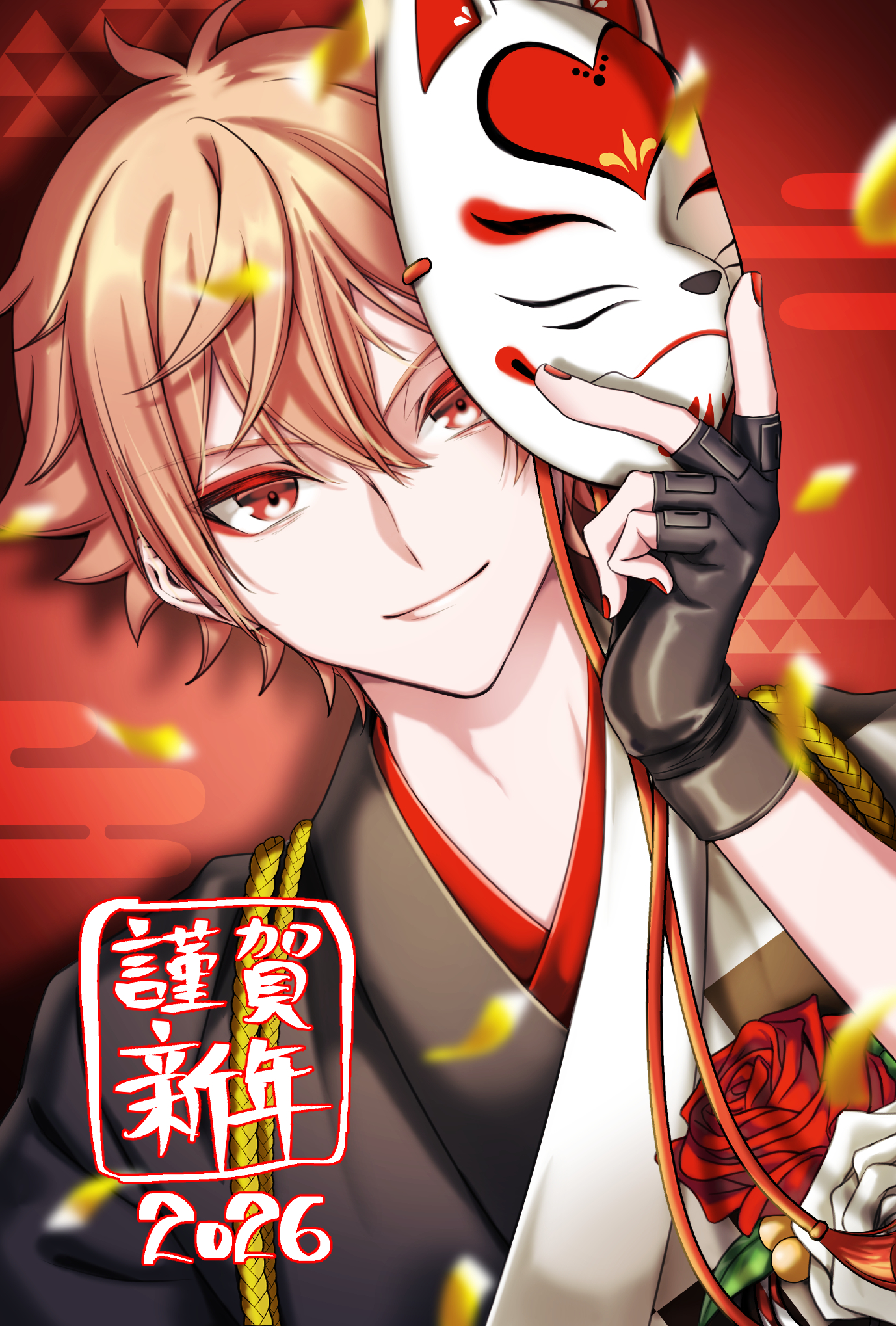 ace trappola, twisted wonderland, commentary request, highres, 1boy, black gloves, closed mouth, fingerless gloves, flower, gloves, holding, holding mask, looking at viewer, male focus, mask, red eyes, red flower, red hair, red rose, rose, smile, solo, twsty42, white flower, white rose