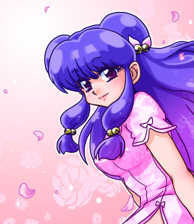 wanta (futoshi), shampoo (ranma 1/2), ranma 1/2, commentary request, 1girl, breasts, china dress, chinese clothes, double bun, dress, flower, hair bun, lips, purple eyes, purple hair, smile, solo