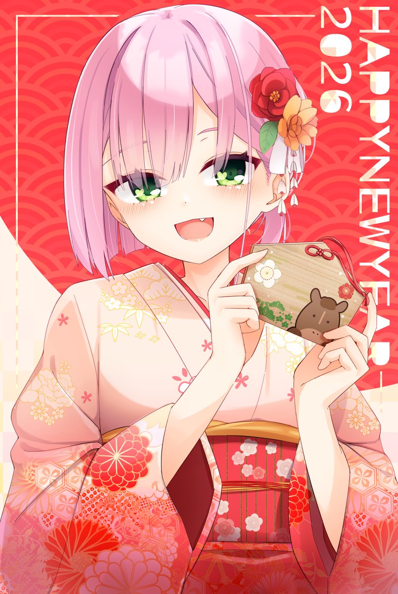 silver116, tanikaze amane, tenshi souzou re-boot!, commentary request, highres, 1girl, 2026, :d, alternate costume, blunt bangs, blunt ends, blush, bob cut, chinese zodiac, cowboy shot, dated, ema, eyes visible through hair, fang, floral print, floral print kimono, flower, green eyes, hair behind ear, hair between eyes, hair flower, hair ornament, hands up, happy, happy new year, heart, heart in eye, holding, holding ema, horse print, index fingers raised, japanese clothes, kanzashi, kimono, leaf hair ornament, long sleeves, looking at viewer, new year, open mouth, orange flower, pink hair, pink kimono, print kimono, red flower, short hair, simple background, smile, solo, straight hair, symbol in eye, two-tone background, wide sleeves, year of the horse
