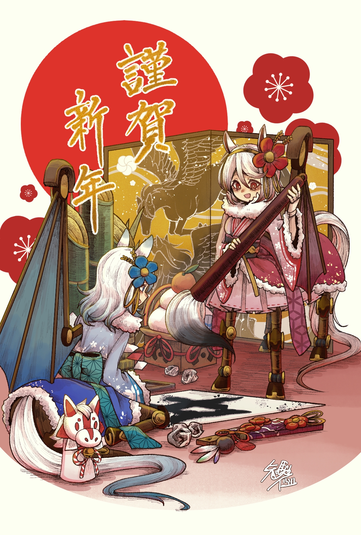 yabase bazi, original, commentary request, highres, 2girls, :d, android, animal ears, blue eyes, blue hair, blue kimono, blue skirt, calligraphy, calligraphy brush, centaur, chinese zodiac, colored tips, floral print, floral print kimono, flower, full body, fur-trimmed kimono, fur trim, gradient hair, hagoita, hair between eyes, hair flower, hair ornament, hane (hanetsuki), holding, holding calligraphy brush, holding paintbrush, hooves, horse ears, horse tail, japanese clothes, joints, kagami mochi, kakizome, kimono, long hair, long sleeves, multicolored hair, multiple girls, multiple legs, nengajou, new year, obi, open mouth, paddle, paintbrush, pink kimono, pink skirt, print kimono, red eyes, red hair, robot joints, sash, shadow, short hair, siblings, signature, single mechanical wing, single wing, sisters, sitting, skirt, smile, standing, tail, taur, twins, two-tone hair, white hair, wings, year of the horse