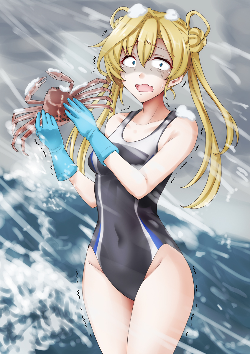 anti (untea9), abukuma (kancolle), kantai collection, commentary request, highres, 1girl, black one-piece swimsuit, blizzard, blonde hair, blue eyes, blue gloves, breasts, breath, cold, competition swimsuit, covered navel, double bun, gloves, grey sky, hair bun, hair rings, long hair, looking at viewer, one-piece swimsuit, rubber gloves, shaded face, sky, small breasts, snow, snow crab, solo, swimsuit, twintails