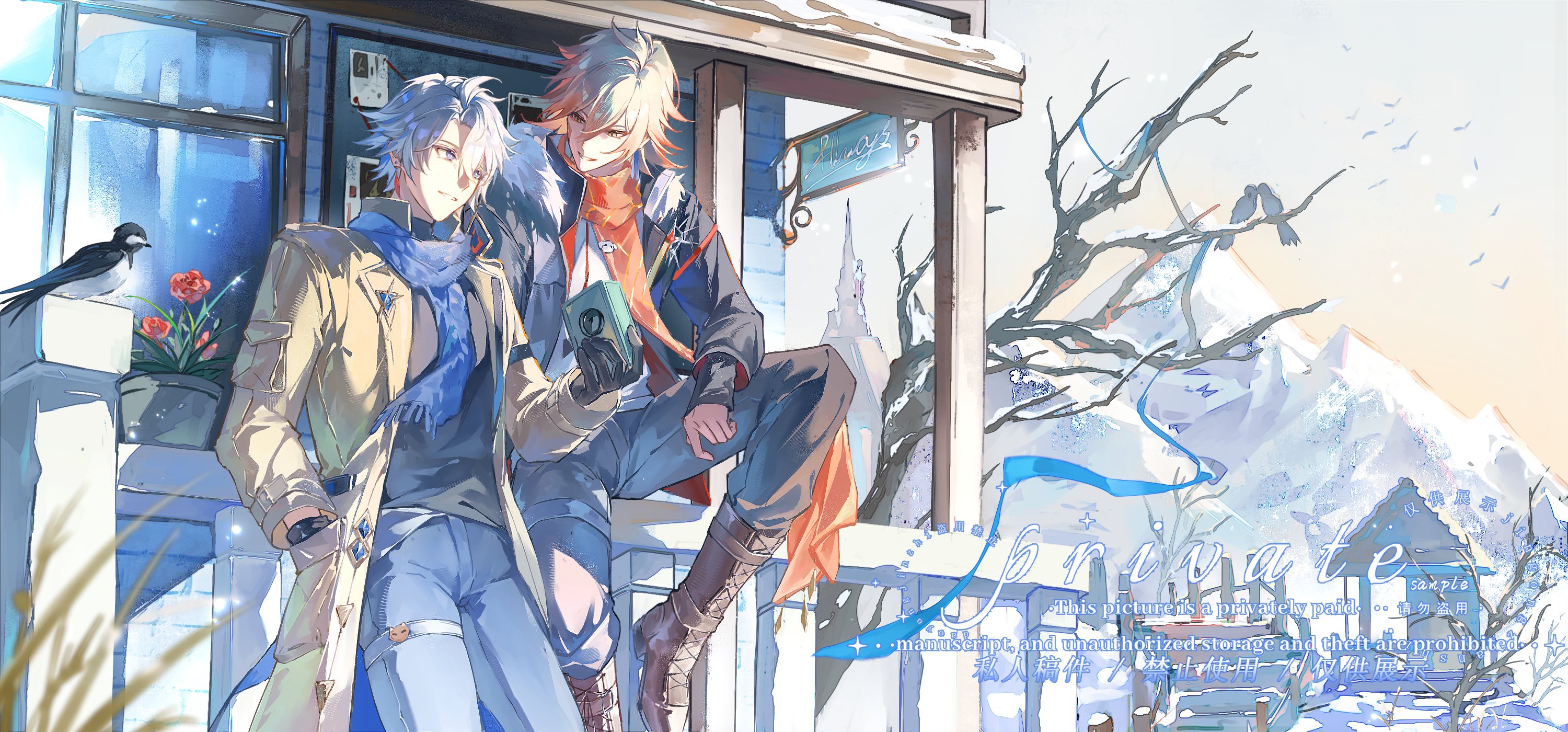 mydei (honkai: star rail), phainon (honkai: star rail), honkai: star rail, honkai (series), chinese commentary, commentary request, commission, highres, 2boys, antenna hair, arm tattoo, bare tree, black boots, black gloves, black jacket, black pants, black shirt, blonde hair, blue eyes, blue scarf, boots, braid, brown coat, chest tattoo, coat, denim, facial tattoo, fur-trimmed jacket, fur trim, gloves, gradient hair, hand in pocket, jacket, jeans, luuuuuucao22811, male focus, medium hair, mountainous horizon, multicolored hair, multiple boys, open clothes, open coat, pants, parted bangs, popped collar, red hair, red scarf, red tattoo, scarf, shirt, short hair, side braid, sitting, snow, tattoo, thigh strap, tree, turtleneck, turtleneck shirt, watermark, white hair, white shirt, winter clothes, winter coat, yellow eyes