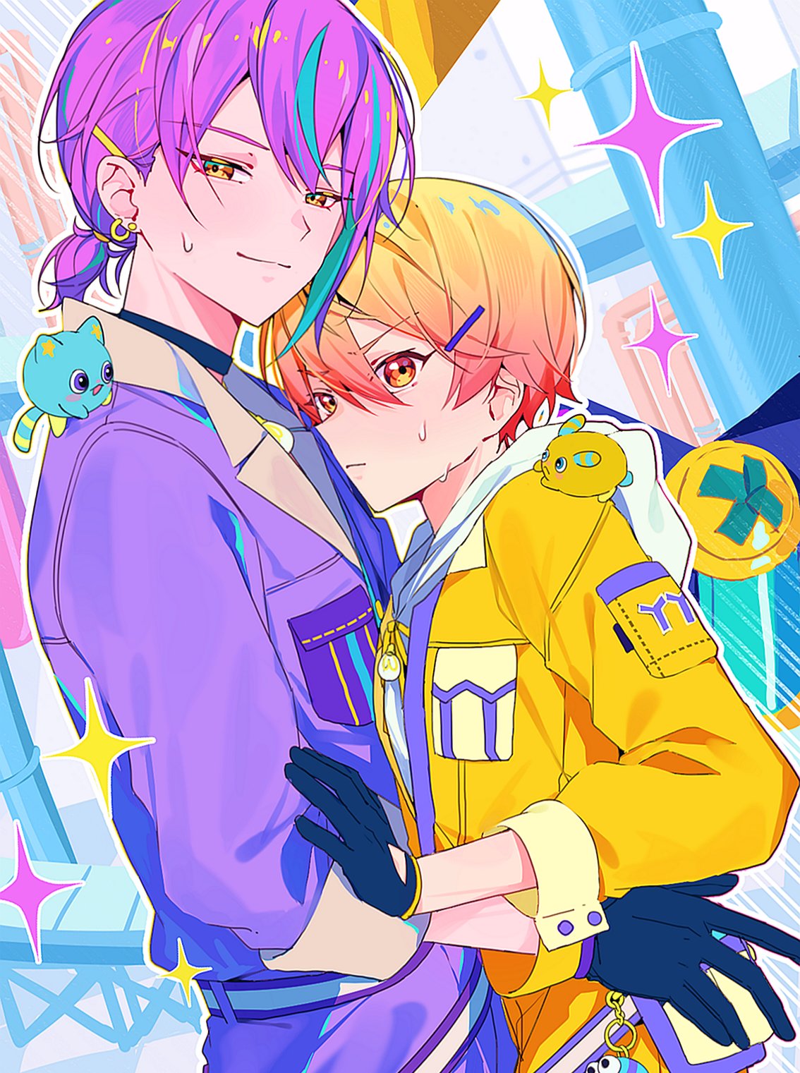 yuja03lelee, kamishiro rui, tenma tsukasa, project sekai, commentary request, highres, korean commentary, 2boys, black choker, black gloves, choker, closed mouth, creature, earrings, gloves, hand on another's waist, jewelry, looking at viewer, low ponytail, male focus, multiple boys, ponytail, purple hair, sleeves rolled up, smile, sparkle, sweat, yellow eyes