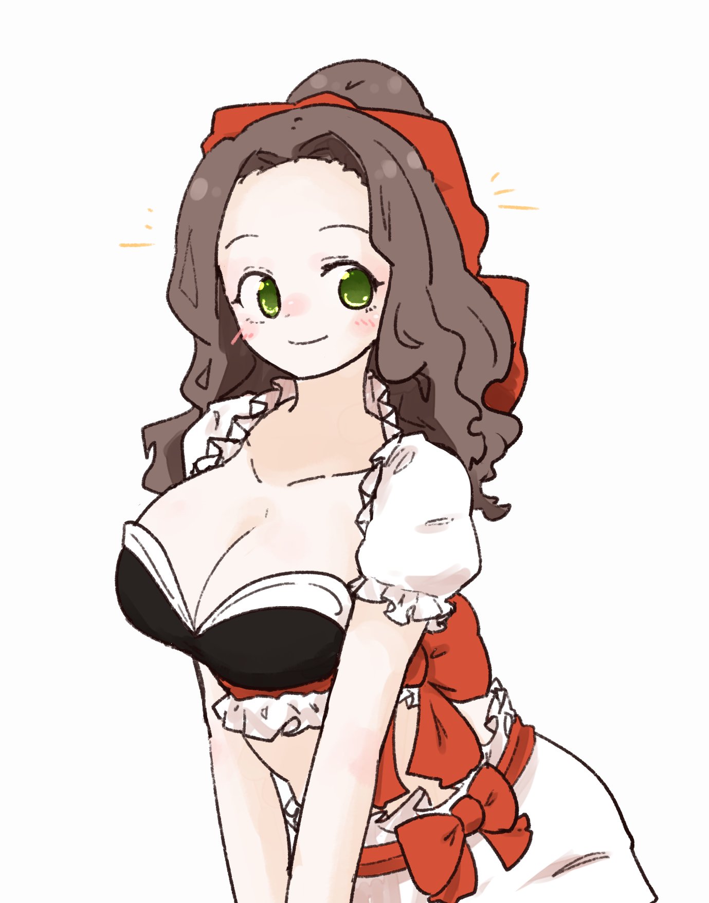 olto rondo, original, highres, 1girl, blush, bow, breasts, brown hair, cleavage, closed mouth, collarbone, cowboy shot, forehead, frilled shirt, frills, green eyes, hair bow, large breasts, long hair, looking at viewer, mitsuha-chan (olto rondo), red bow, shirt, short sleeves, simple background, skirt, smile, solo, tareme, v arms, white background, white shirt, white skirt