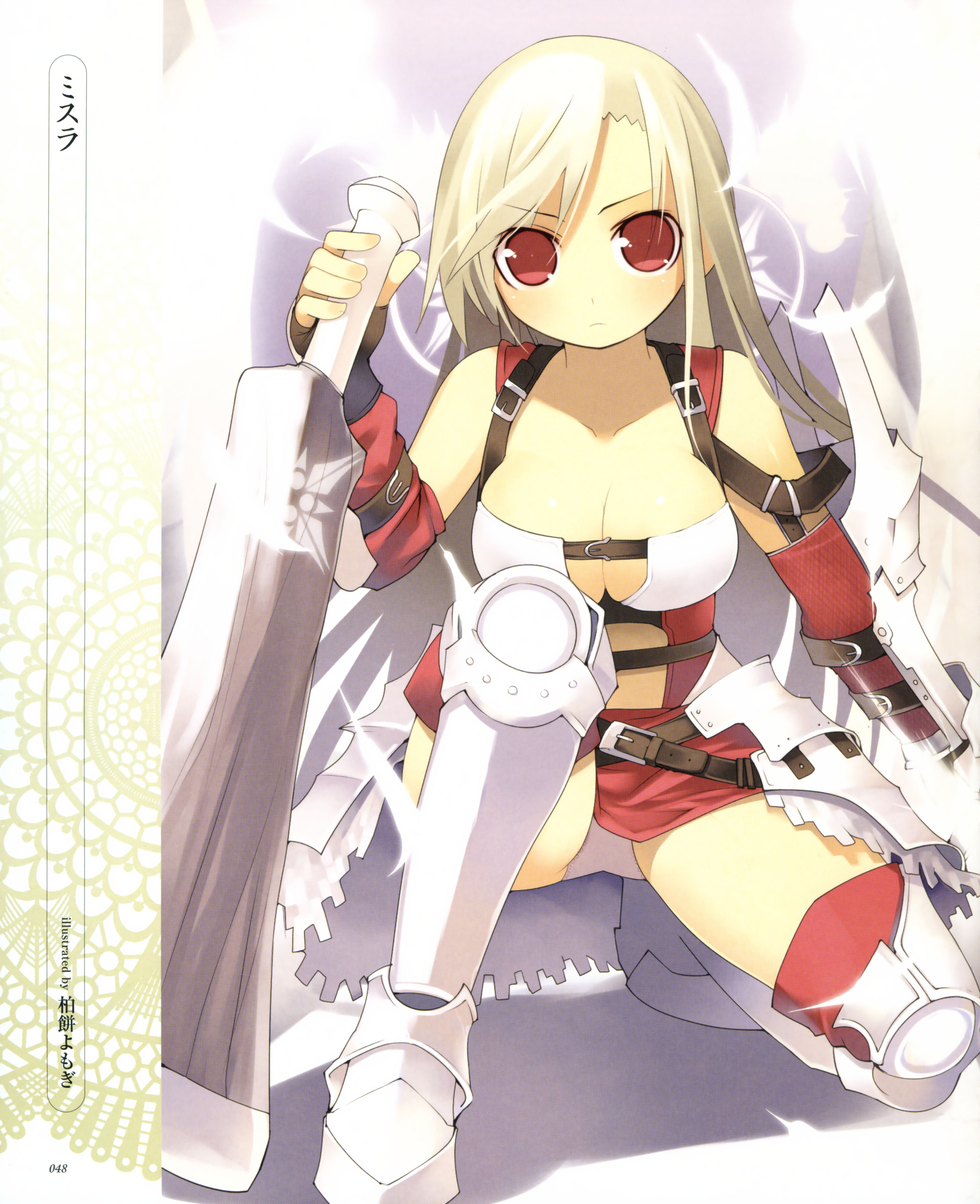 kashiwamochi yomogi, absurdres, highres, 1girl, armor, blonde hair, breasts, cleavage, female focus, large breasts, panties, red eyes, solo, strap, sword, underwear, weapon