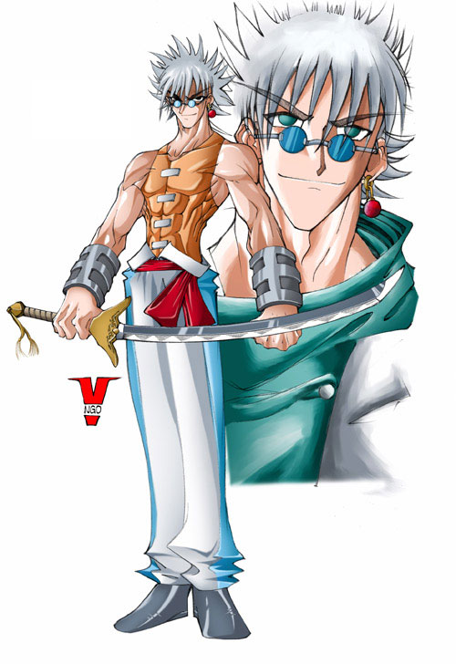 bleedman, inishi, glasses, muscular, solo, sword, weapon, white hair