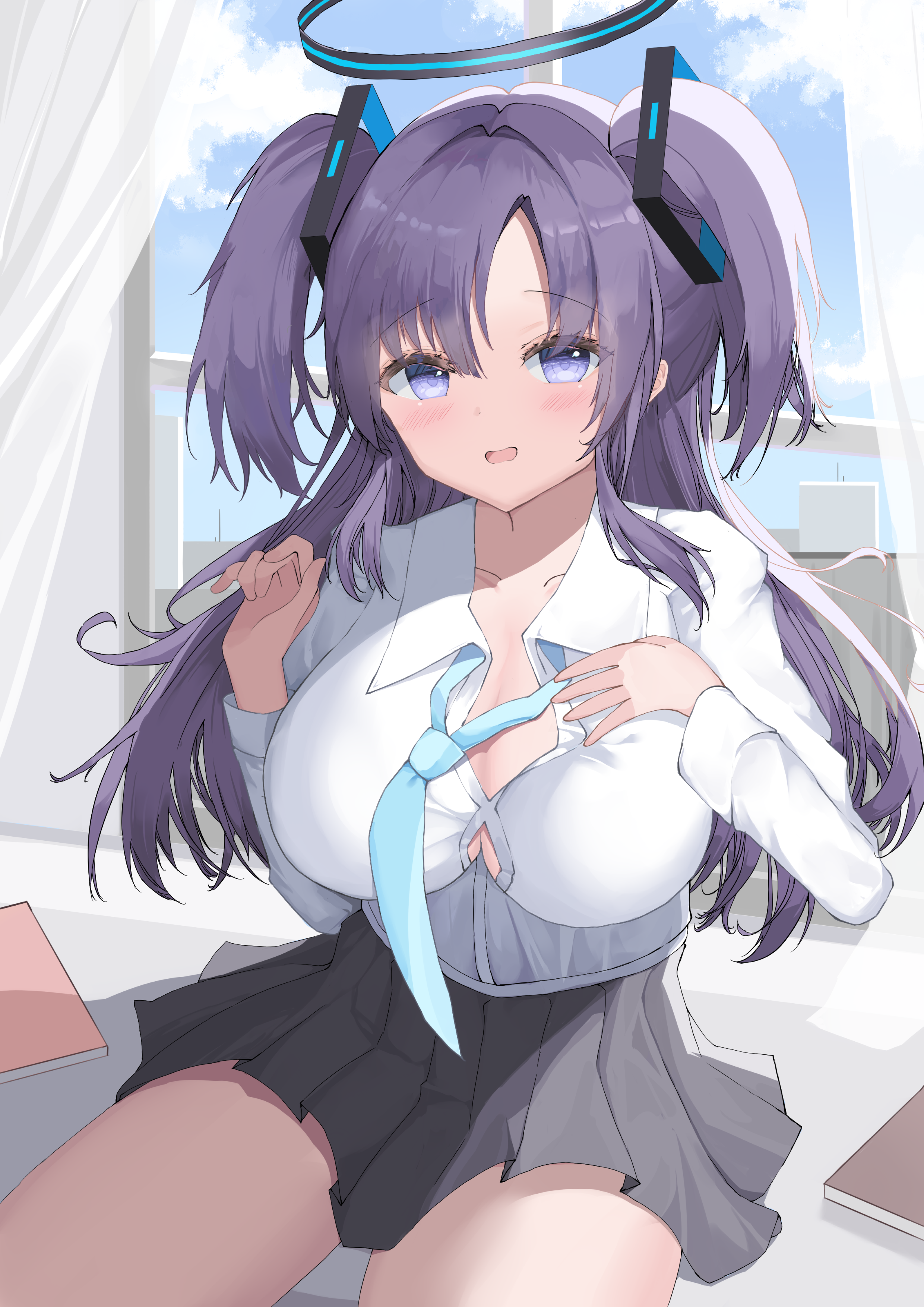rangerjiu, yuuka (blue archive), blue archive, absurdres, commentary request, highres, 1girl, black skirt, blue necktie, breasts, button gap, cloud, cloudy sky, collarbone, collared shirt, cube hair ornament, hair ornament, halo, indoors, long hair, mechanical halo, multicolored eyes, necktie, notebook, on windowsill, partially unbuttoned, pleated skirt, purple eyes, shirt, shirt tucked in, skirt, sky, two-tone eyes, two side up, white shirt, window, windowsill