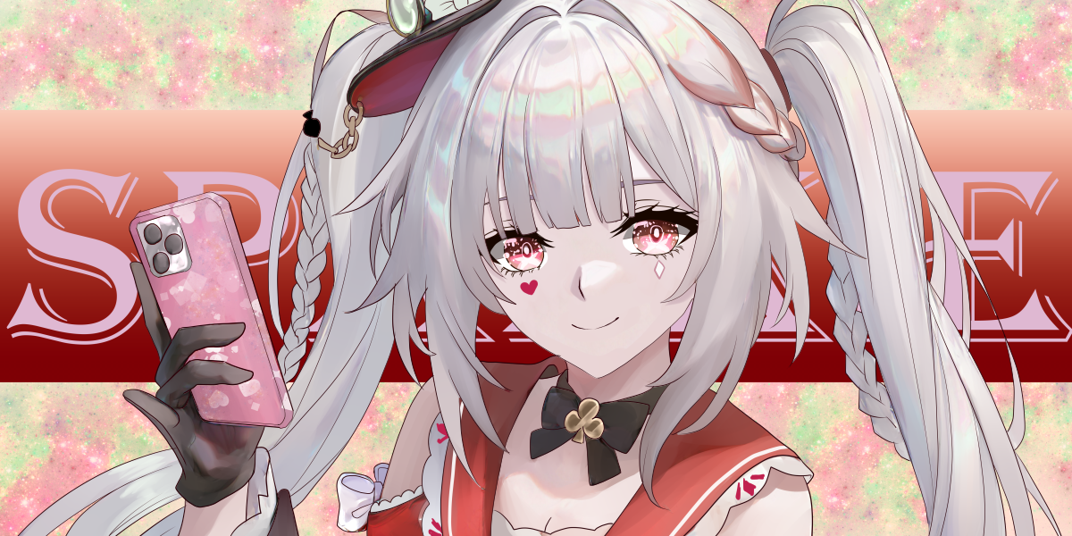 sparkle (honkai: star rail), sparxie (honkai: star rail), honkai: star rail, honkai (series), commentary request, 1girl, bare shoulders, black bow, black bowtie, black gloves, bow, bowtie, closed mouth, diamond (shape), english text, gloves, hand up, hat, heart, holding, holding phone, looking at viewer, miyashirokiyu, phone, red eyes, smile, top hat, twintails, white bow, white hair