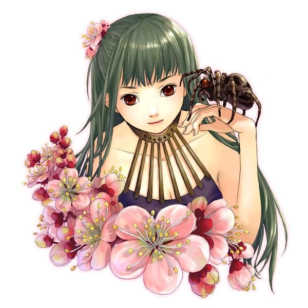 ayumi k, original, 1girl, bare shoulders, black hair, bug, female focus, flower, hair flower, hair ornament, red eyes, solo, spider, white background