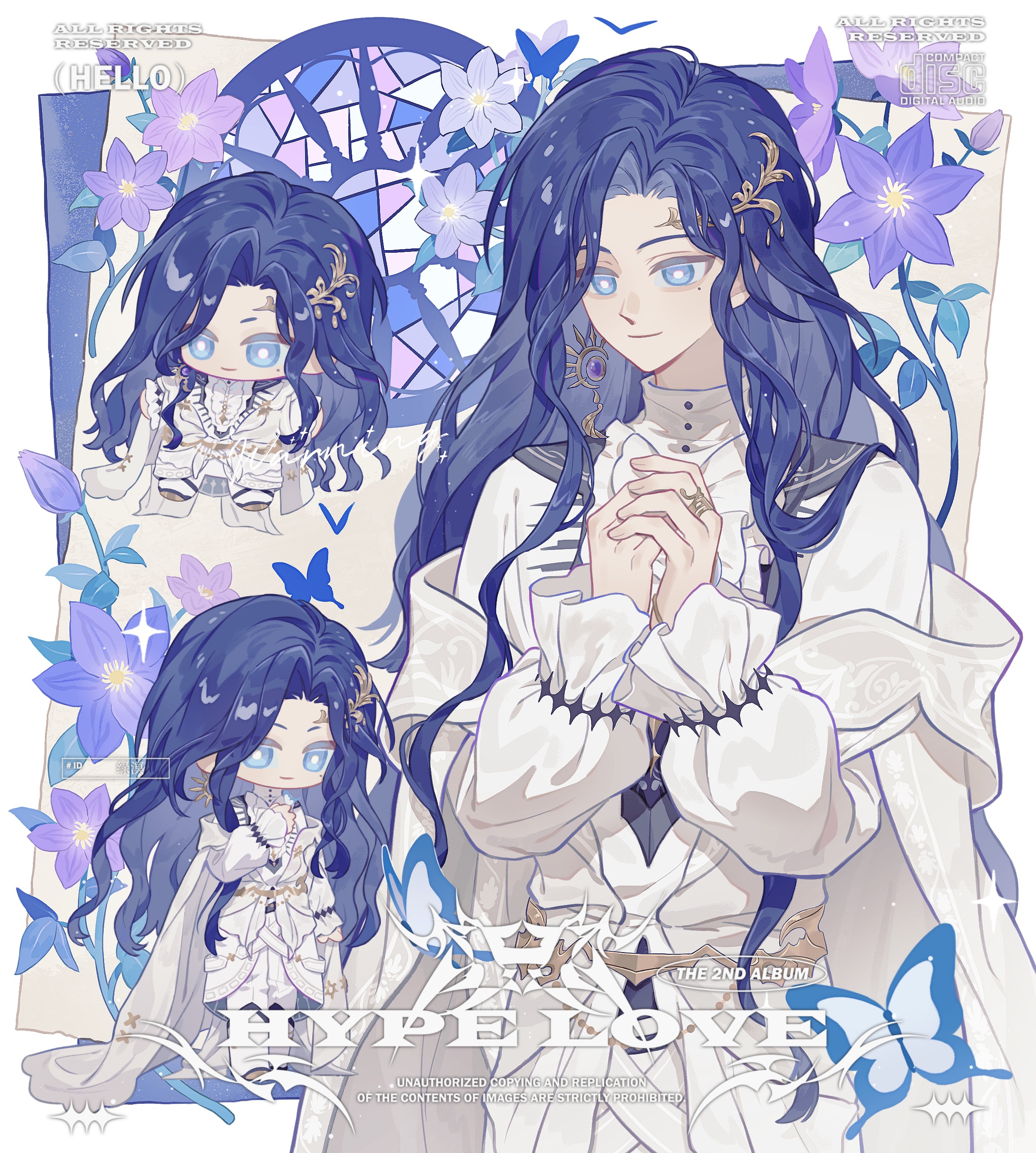 clarence clayden, lovebrush chronicles, absurdres, chinese commentary, commentary request, commission, highres, 1boy, bellflower, black vest, blue butterfly, blue eyes, blue hair, boots, border, bright pupils, bug, butterfly, cape, center frills, chibi, chibi inset, chinese bellflower, closed mouth, cowboy shot, curtained hair, earrings, flower, frilled sleeves, frills, full body, gem, hair ornament, hairclip, hand on own chest, insect, jacket, jewelry, long hair, long sleeves, looking at viewer, lvchuanxun, male focus, mole, mole under eye, multiple views, off shoulder, outside border, own hands clasped, own hands together, pants, pants tucked in, parted bangs, puffy long sleeves, puffy sleeves, purple flower, purple gem, ring, round window, shirt, single earring, sleeves past wrists, smile, stained glass, standing, turtleneck, turtleneck shirt, vest, watermark, wavy hair, white background, white boots, white border, white cape, white jacket, white pants, white pupils, window