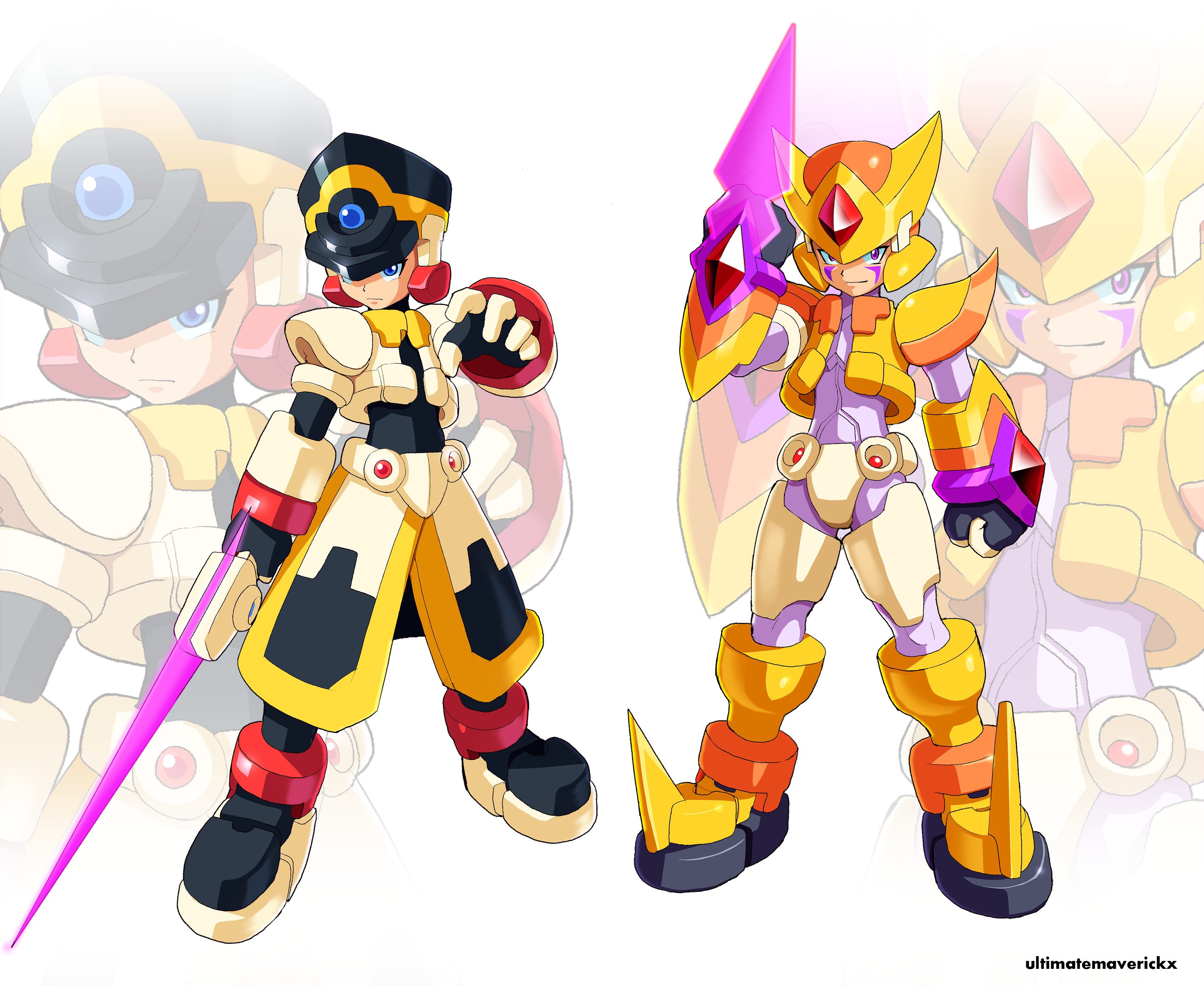 ultimatemaverickx, colonel (mega man), double (mega man), mega man (series), mega man x4, mega man x (series), mega man zx, absurdres, commentary, english commentary, highres, armor, artist name, black helmet, blue eyes, colonel (mega man) (cosplay), cosplay, double (mega man) (cosplay), energy blade, energy sword, helmet, holding, holding sword, holding weapon, orange helmet, purple eyes, shoulder armor, standing, sword, weapon, white background