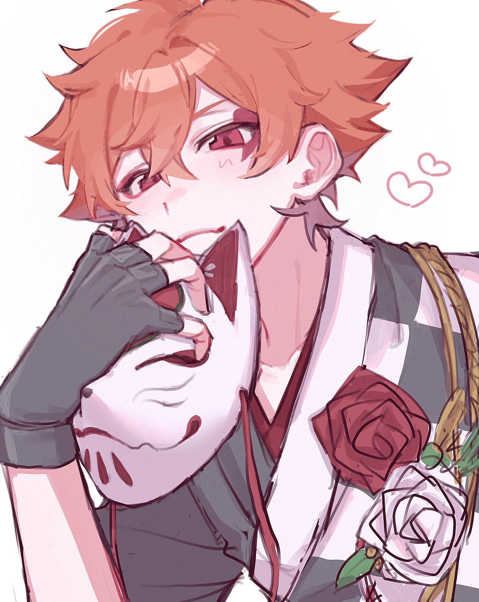 ace trappola, twisted wonderland, commentary, english commentary, highres, 1boy, a dx0, black gloves, closed mouth, fingerless gloves, gloves, heart, holding, holding mask, male focus, mask, red eyes, red hair, smile, solo, white background