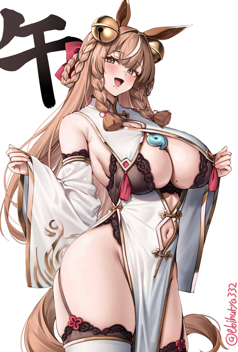 ebifurya, original, commentary request, highres, 1girl, :d, animal ears, bell, braid, braided hair rings, braided sidelocks, breast curtains, breasts, brown hair, chinese zodiac, cleavage, detached sleeves, dress, hair bell, hair ornament, hair rings, horse ears, horse girl, large breasts, long hair, mole, mole on breast, mole under mouth, multiple braids, new year, open mouth, pelvic curtain, sleeveless, sleeveless dress, smile, solo, thighhighs, thighs, twitter username, very long hair, white background, white dress, white thighhighs, wide sleeves, year of the horse, yellow eyes
