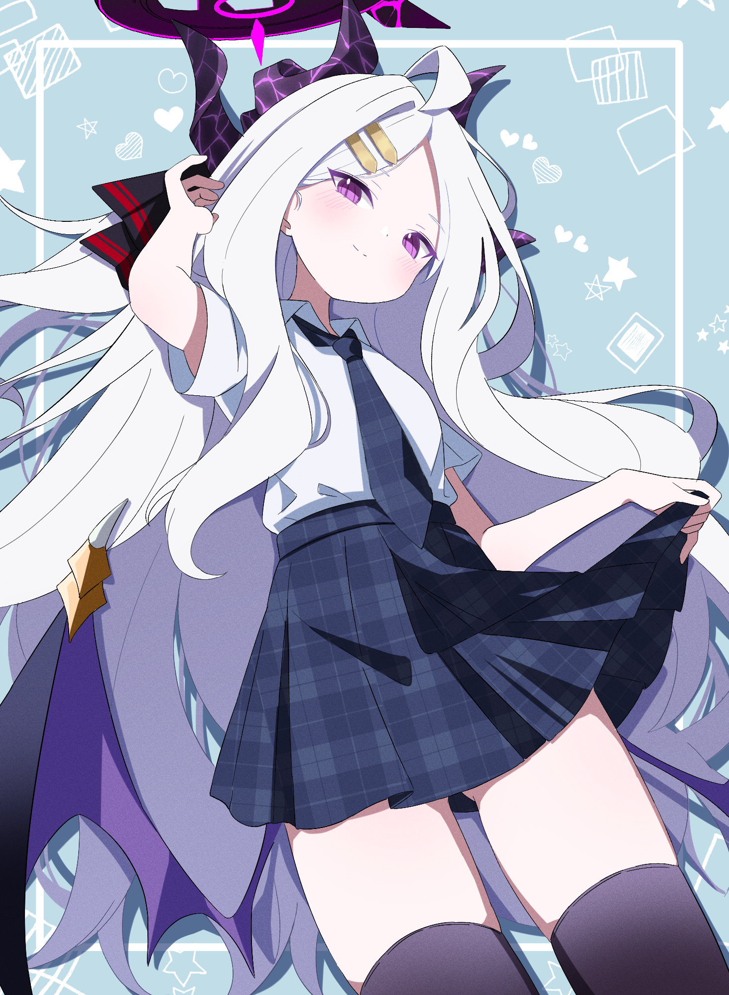 sasanoha (sasanoha0712), hina (blue archive), blue archive, commentary request, highres, 1girl, alternate costume, black halo, black horns, black thighhighs, blue necktie, blue skirt, blush, closed mouth, collared shirt, halo, hand up, horns, light smile, long hair, looking at viewer, multiple horns, necktie, purple eyes, shirt, shirt tucked in, skirt, solo, thighhighs, very long hair, white shirt