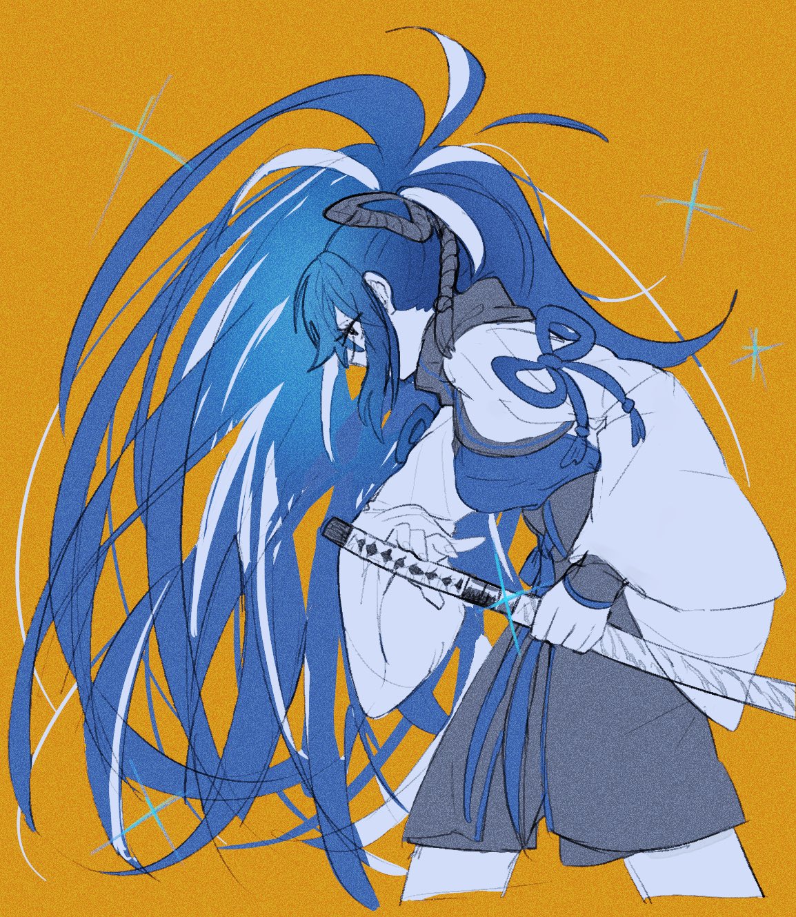 kawakami gensai (fate), kawakami gensai (first ascension) (fate), fate/grand order, fate (series), commentary request, highres, 1girl, black hair, cropped legs, drawing sword, from side, glint, grey shorts, hair ribbon, hisokaniinu, holding, holding sword, holding weapon, katana, leaning forward, long hair, long sleeves, looking ahead, multicolored hair, ponytail, ribbon, shorts, simple background, solo, star (symbol), streaked hair, sword, very long hair, weapon, white hair, wide sleeves, yellow background