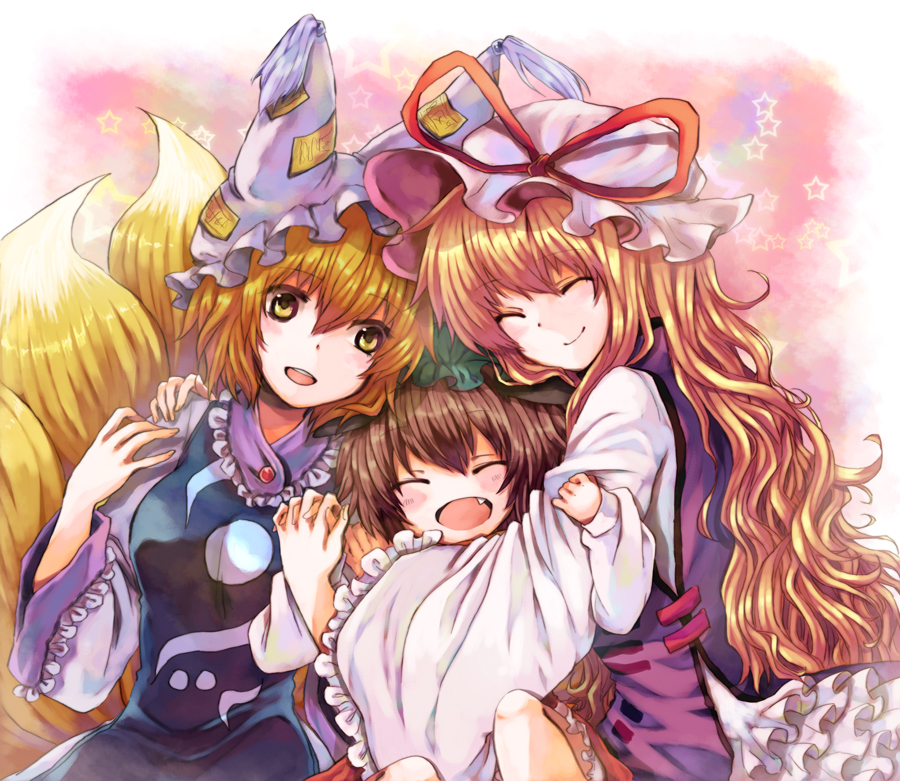 miya (tsumazukanai), chen, yakumo ran, yakumo yukari, touhou, bad id, bad pixiv id, 3girls, animal ears, animal hat, blonde hair, blush, brown hair, cat ears, cat girl, cat tail, closed eyes, family, family bonding, fang, female focus, fox tail, girl sandwich, hair between eyes, hat, holding hands, hug, interlocked fingers, long hair, mob cap, multiple girls, multiple tails, sandwiched, smile, tabard, tail, yellow eyes