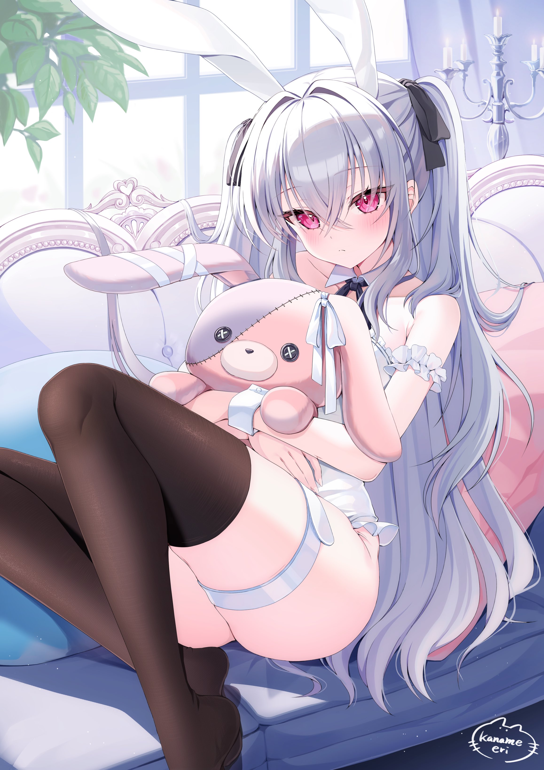 mia (mk2022), original, absurdres, commentary request, highres, 1girl, animal ears, black ribbon, black thighhighs, blush, couch, crossed bangs, curtains, cushion, dress, fake animal ears, grey hair, hair between eyes, hair ribbon, holding, holding stuffed toy, hugging object, leaf, long hair, looking at viewer, pink eyes, rabbit ears, ribbon, sidelocks, signature, solo, stuffed animal, stuffed rabbit, stuffed toy, thigh strap, thighhighs, thighs, very long hair, wavy hair, white dress, window