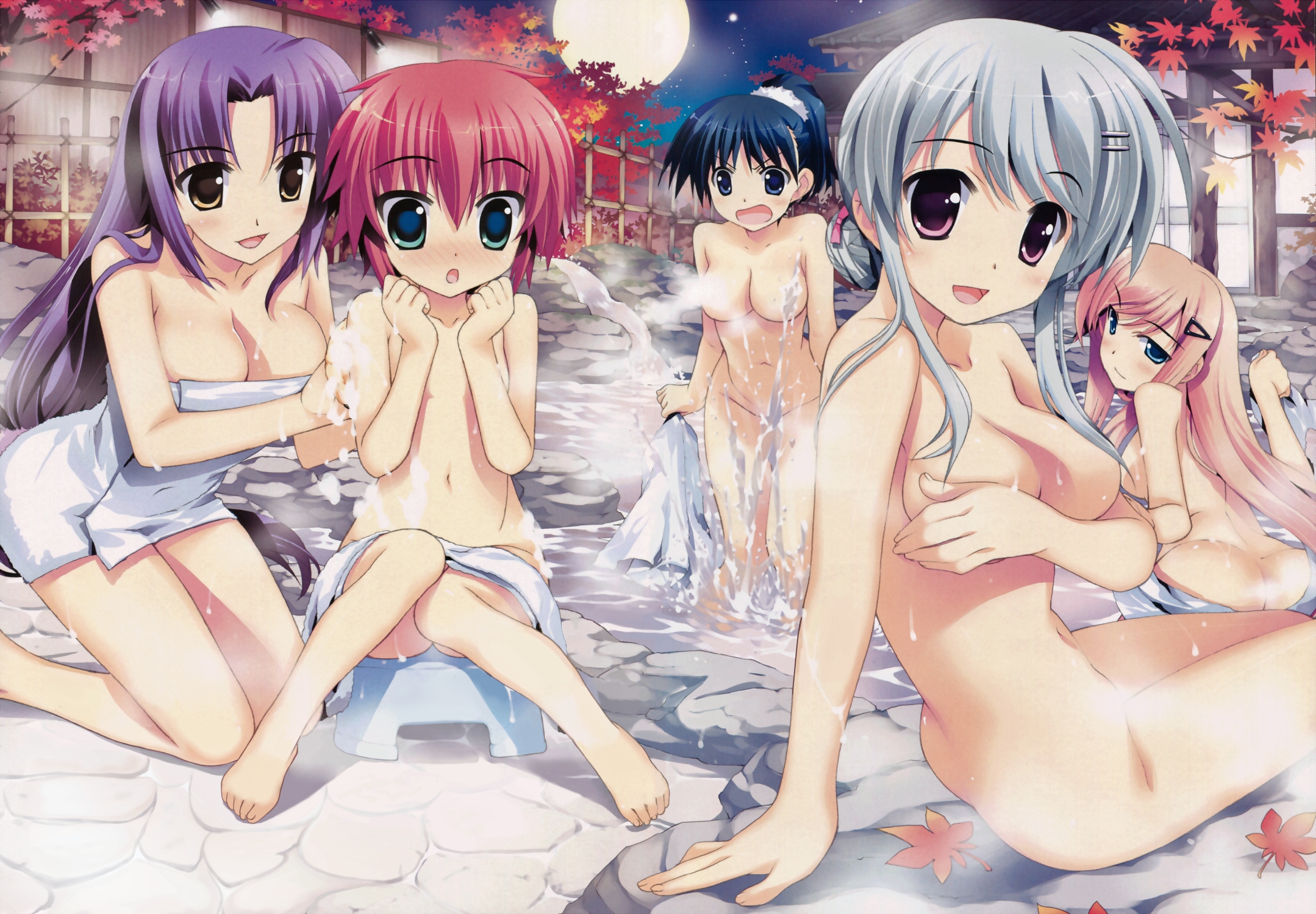 fujima takuya, beni botan, meiki raika, musen ran, narukara fukune, sonokoe utae, r-15 (series), breast hold, silver hair, highres, 5girls, :d, :o, angry, barefoot, bath stool, bathing, black hair, blush, breasts, censored, cleavage, convenient censoring, feet, hair over breasts, kneeling, loli, medium breasts, moon, multiple girls, naked towel, navel, night, nude, onsen, open mouth, pink hair, purple hair, red hair, sitting, small breasts, smile, steam, stool, towel, towel on legs