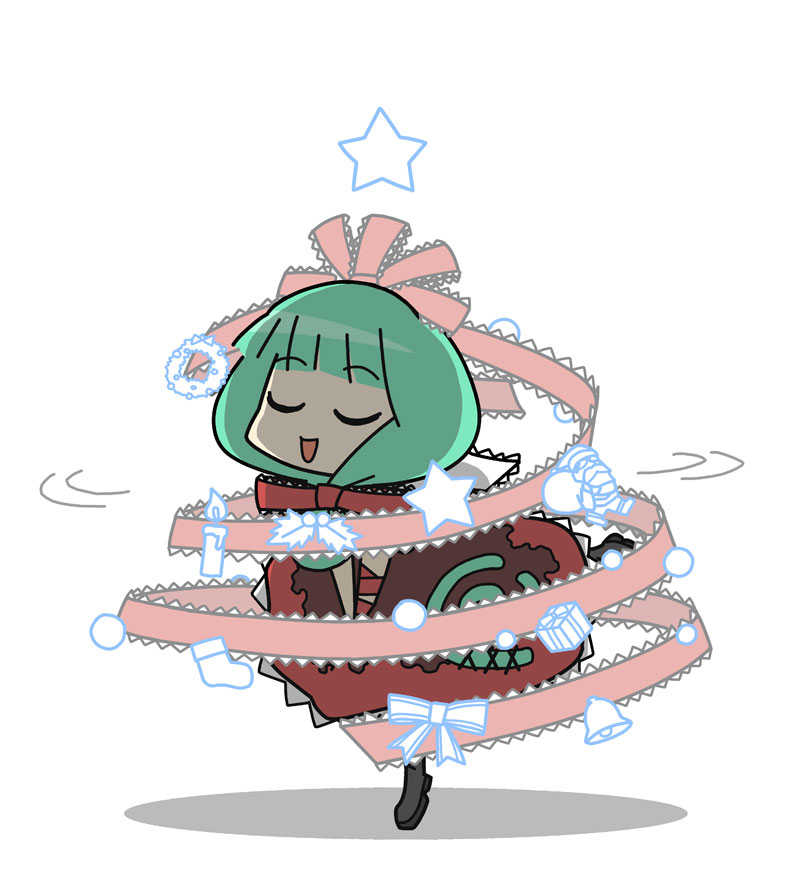 rodney (melagal), kagiyama hina, santa claus, touhou, bad id, bad pixiv id, 1girl, bell, boots, candle, christmas, christmas ornaments, christmas stocking, closed eyes, dress, female focus, frills, front ponytail, green hair, hair ribbon, ribbon, smile, solo, spinning, star (symbol), wreath