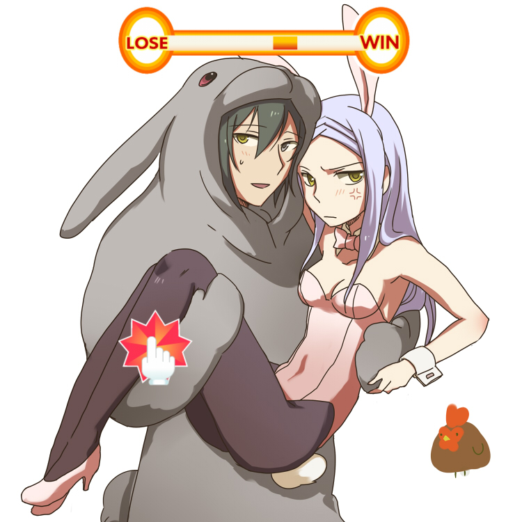 hanbu, kurano, allelujah haptism, soma peries, gundam, gundam 00, bad id, bad pixiv id, 00s, 1boy, 1girl, anger vein, angry, animal costume, animal ears, blush, carrying, couple, fake animal ears, hetero, heterochromia, long hair, pantyhose, playboy bunny, princess carry, rabbit ears, yellow eyes