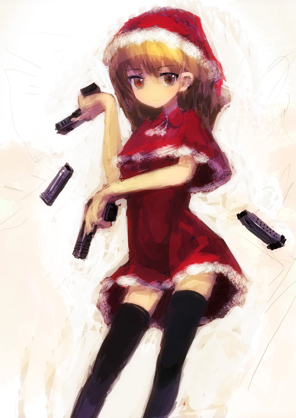 lm7 (op-center), bad id, bad pixiv id, highres, 1girl, christmas, dual wielding, female focus, gradient background, gun, handgun, holding, magazine (object), magazine (weapon), magazine ejection, santa costume, semi-automatic pistol, solo, thighhighs, trigger discipline, weapon, white background, witness holes