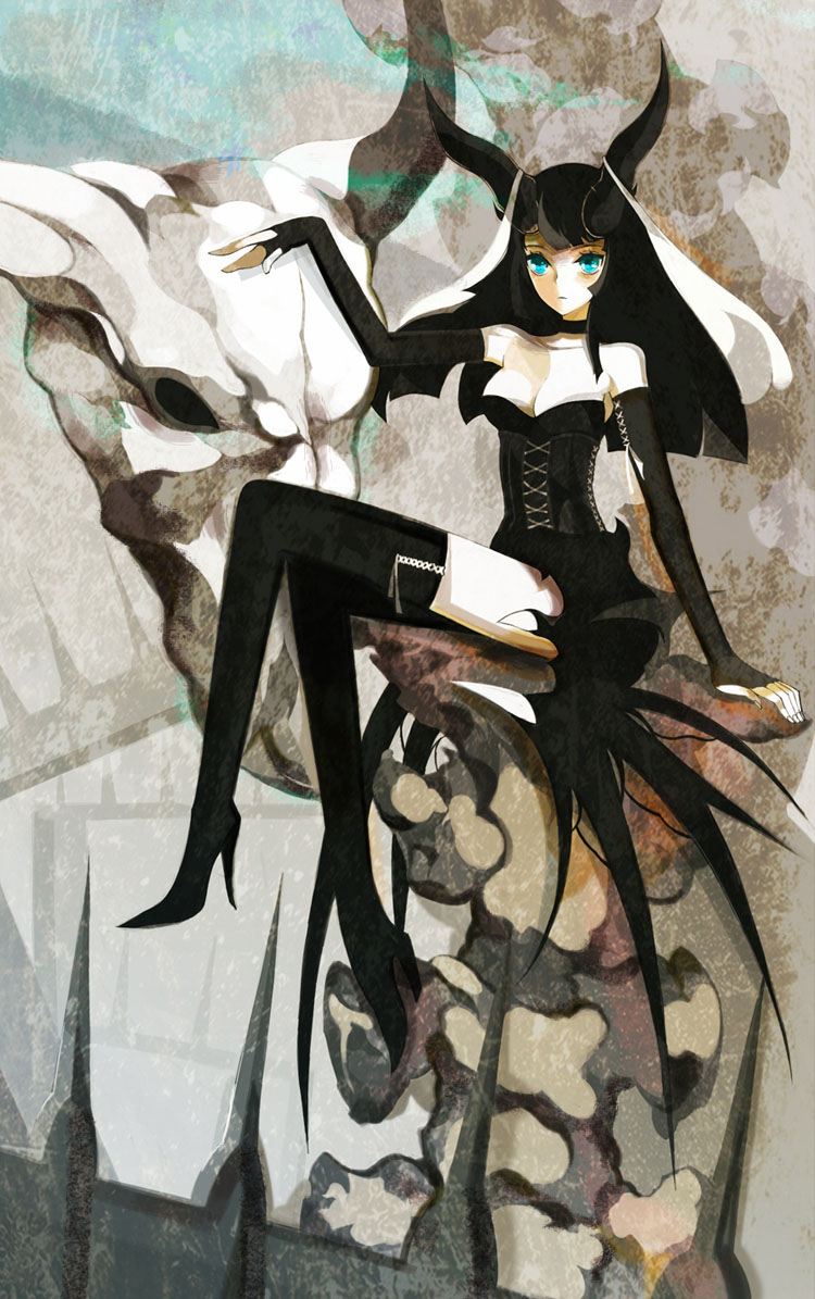 kakaaru, black rock shooter, original, bad id, bad pixiv id, 10s, 1girl, bare shoulders, black hair, blue eyes, breasts, choker, cleavage, corset, elbow gloves, female focus, fingerless gloves, gloves, high heels, horns, pale skin, shoes, sitting, skull, solo, thighhighs