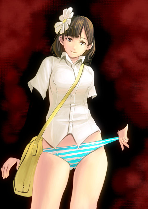 kouno (masao), original, bad id, bad pixiv id, 1girl, aqua eyes, brown hair, cowboy shot, female focus, flower, hair ornament, lips, lowleg, panties, panty pull, solo, striped clothes, striped panties, underwear