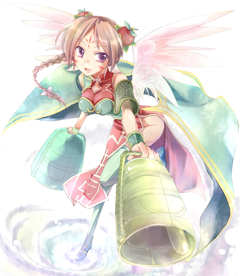 mofmof (sousa), bikkuriman, bad id, bad pixiv id, bell, braid, brown hair, facial mark, long hair, mole, mole under eye, no panties, purple eyes, side slit, single braid, solo, thighhighs, wings