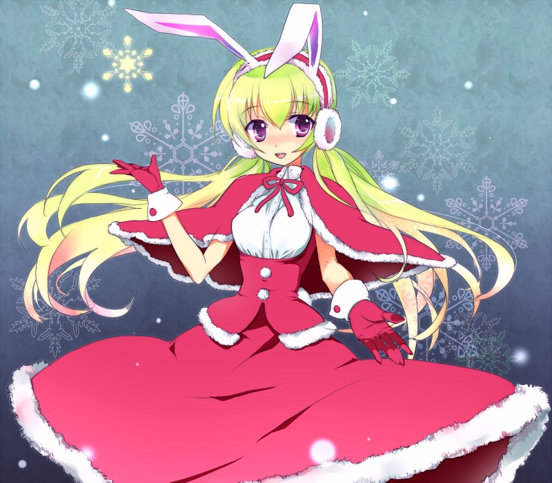 mofmof (sousa), original, animal ears, earmuffs, gloves, green hair, long hair, purple eyes, rabbit ears, santa costume, solo, twintails