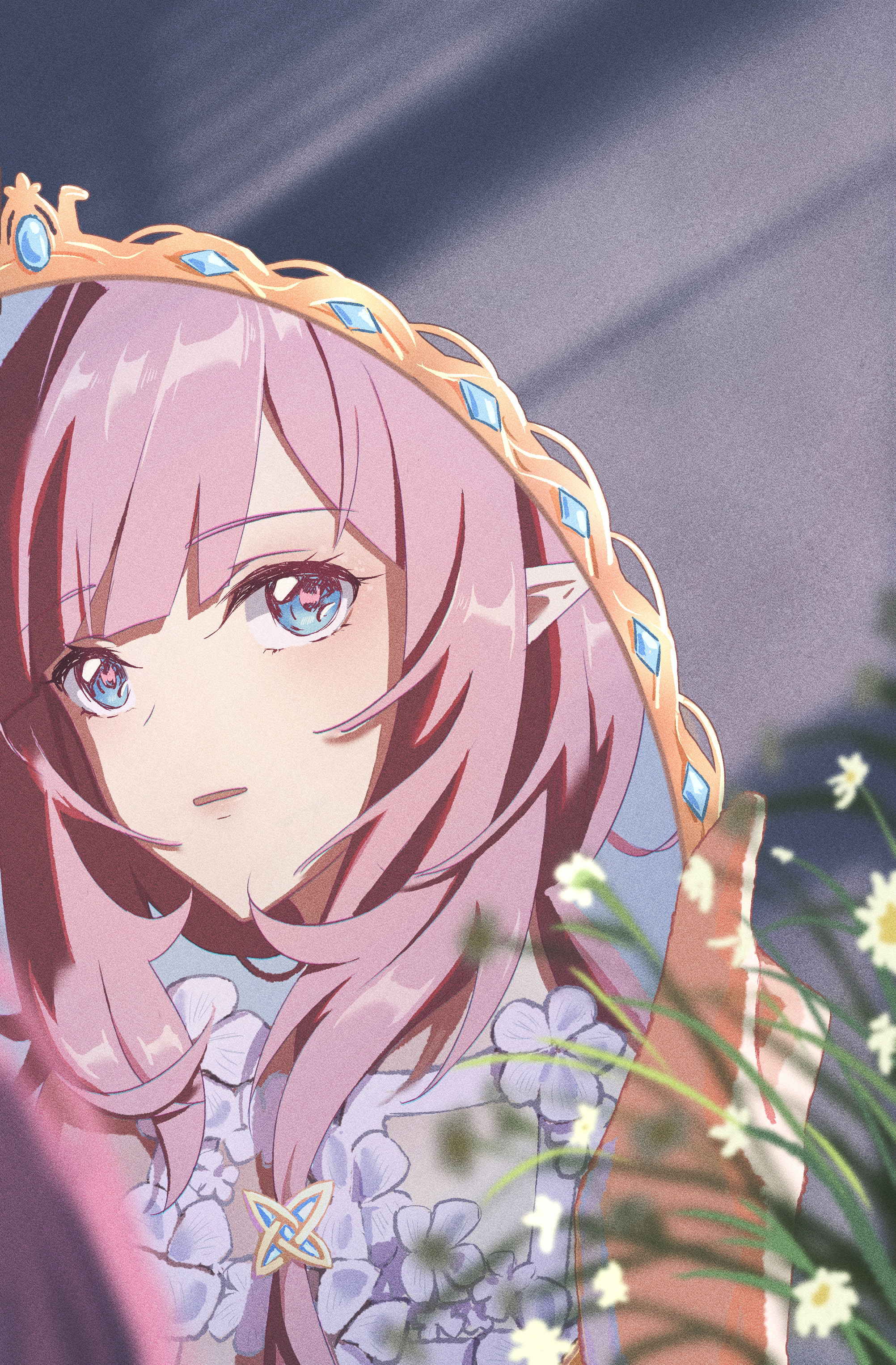 elysia (honkai impact), elysia (miss pink elf) (honkai impact), honkai (series), honkai impact 3rd, absurdres, commentary, highres, 1girl, blue eyes, elf, flower, hair between eyes, holding, holding mirror, long hair, looking at mirror, mirror, parted lips, pink hair, pointy ears, reflection, solo, sunflower, wheelsofconfusion